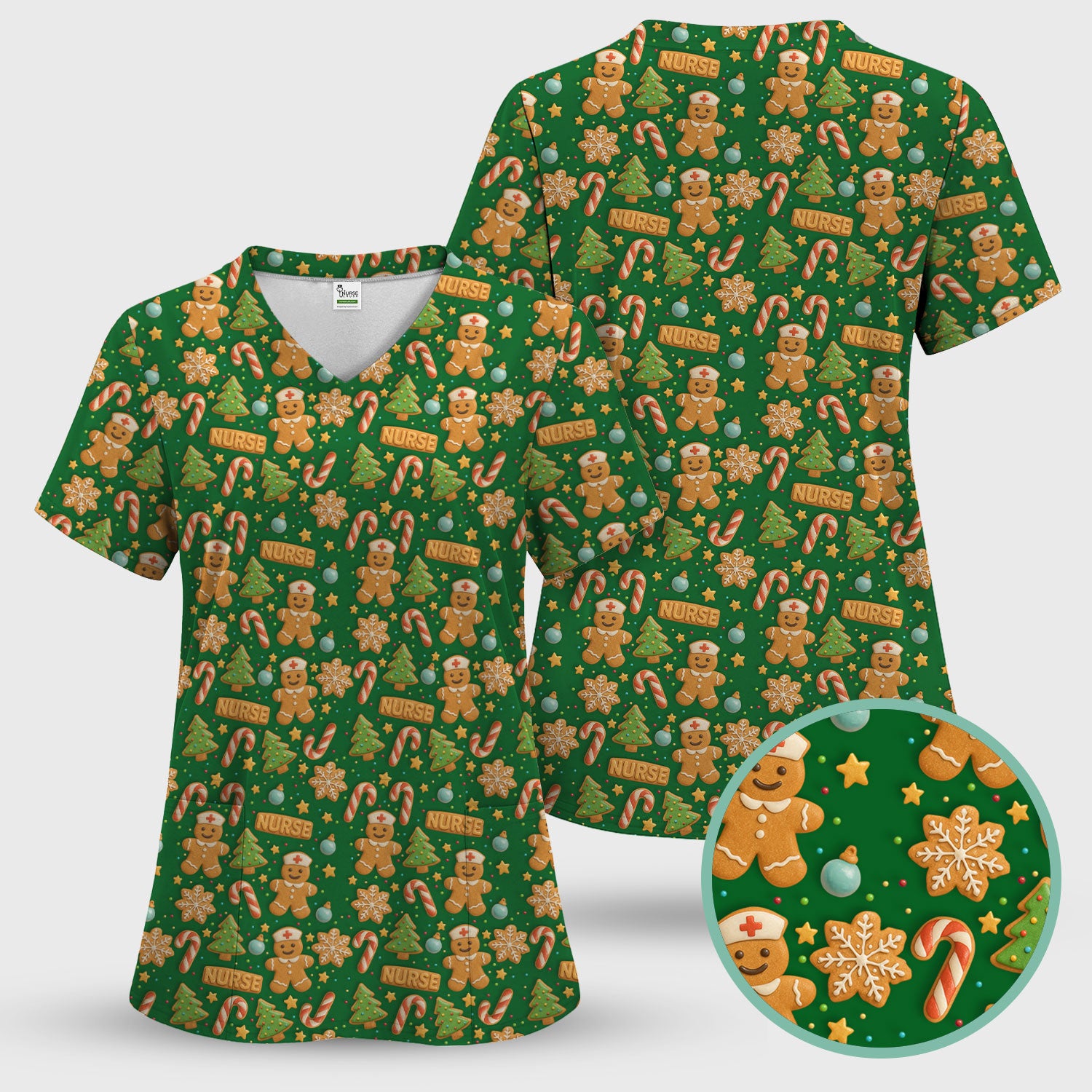Cute Gingerbread Christmas Scrubs for Women - Holiday Cookie Pattern Scrub Top & Pants - Festive Christmas Scrubs with Charming Design