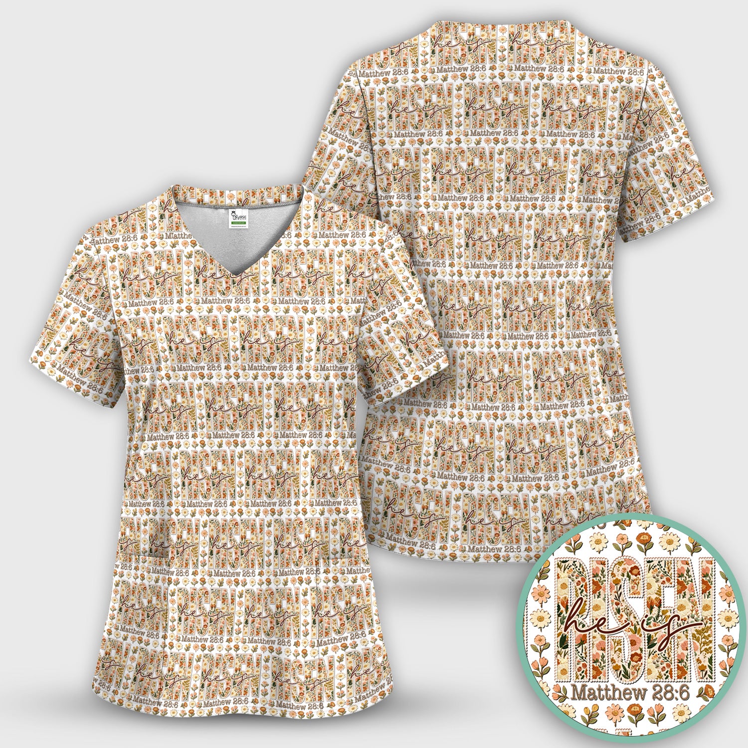 Christian Resurrection Floral Pattern Scrub Top, Comfortable Scrubs for Nurses