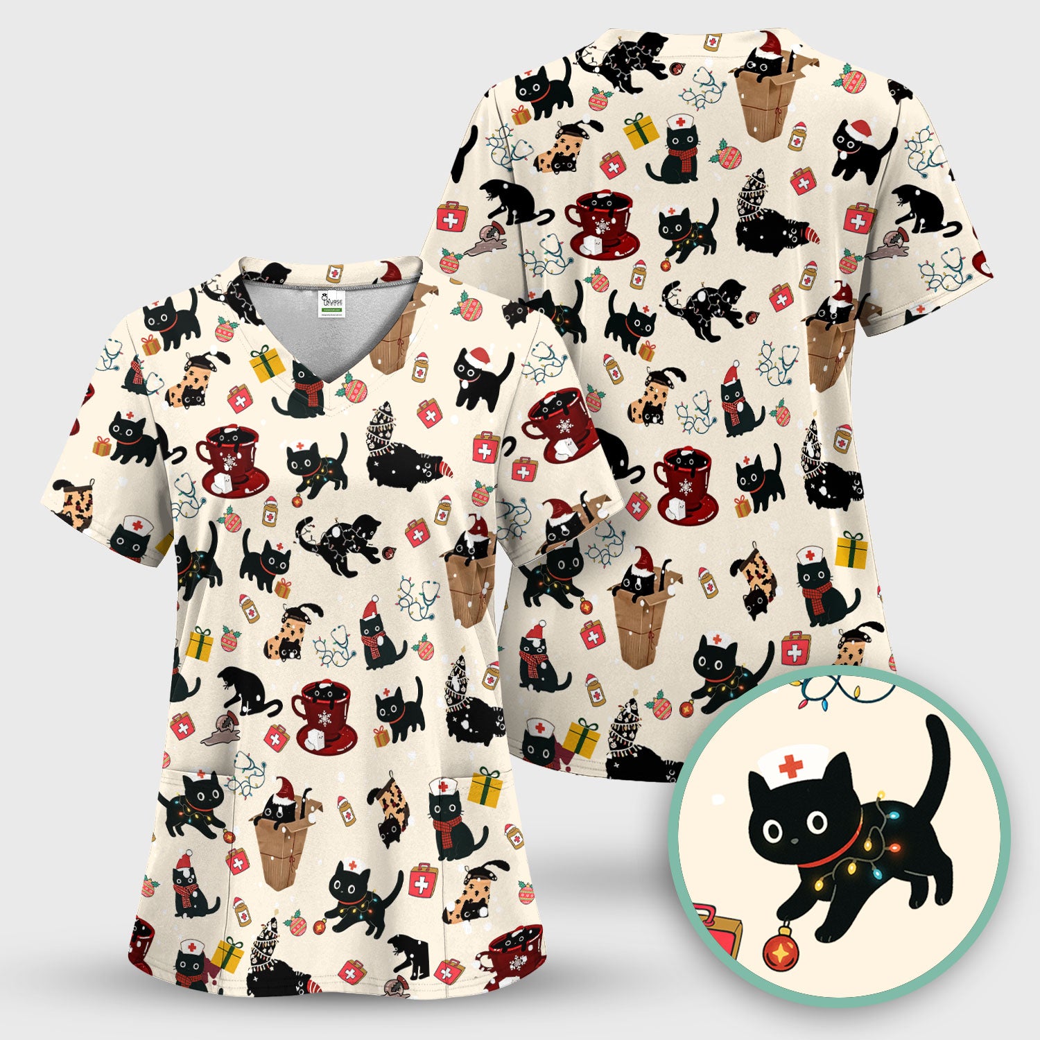 Christmas Cat Scrub Top for Nurse - Funny Black Cats Shirt - Cute Holiday Medical Uniform for Women