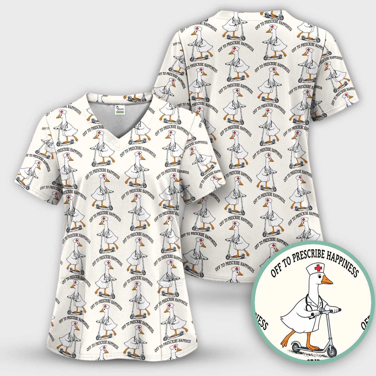 Nurse Goose Scooter Print Scrub Top, Breathable Fabrics Nursing Uniform