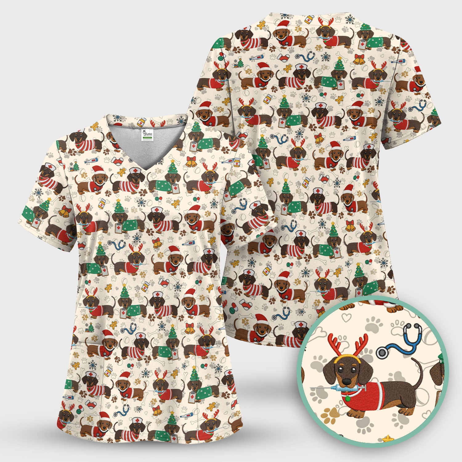 Christmas Dachshund Scrub Top for Nurses - Cute Wiener Dog Pattern Medical Shirt - Festive Holiday Scrubs Gift for Women RN CNA LPN