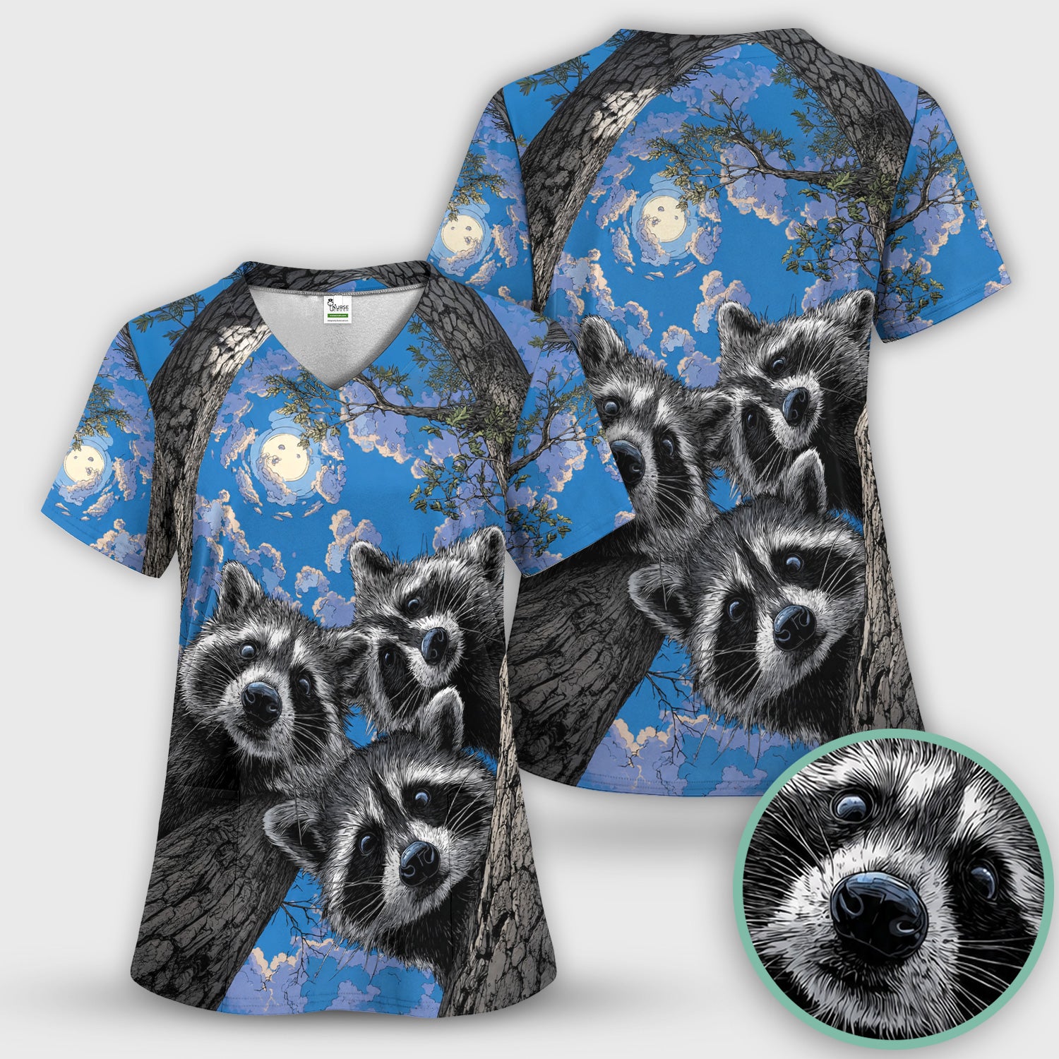 Cute Raccoon Tree Veterinary Pattern Scrub Set, Scrub Pants and V Neck Top