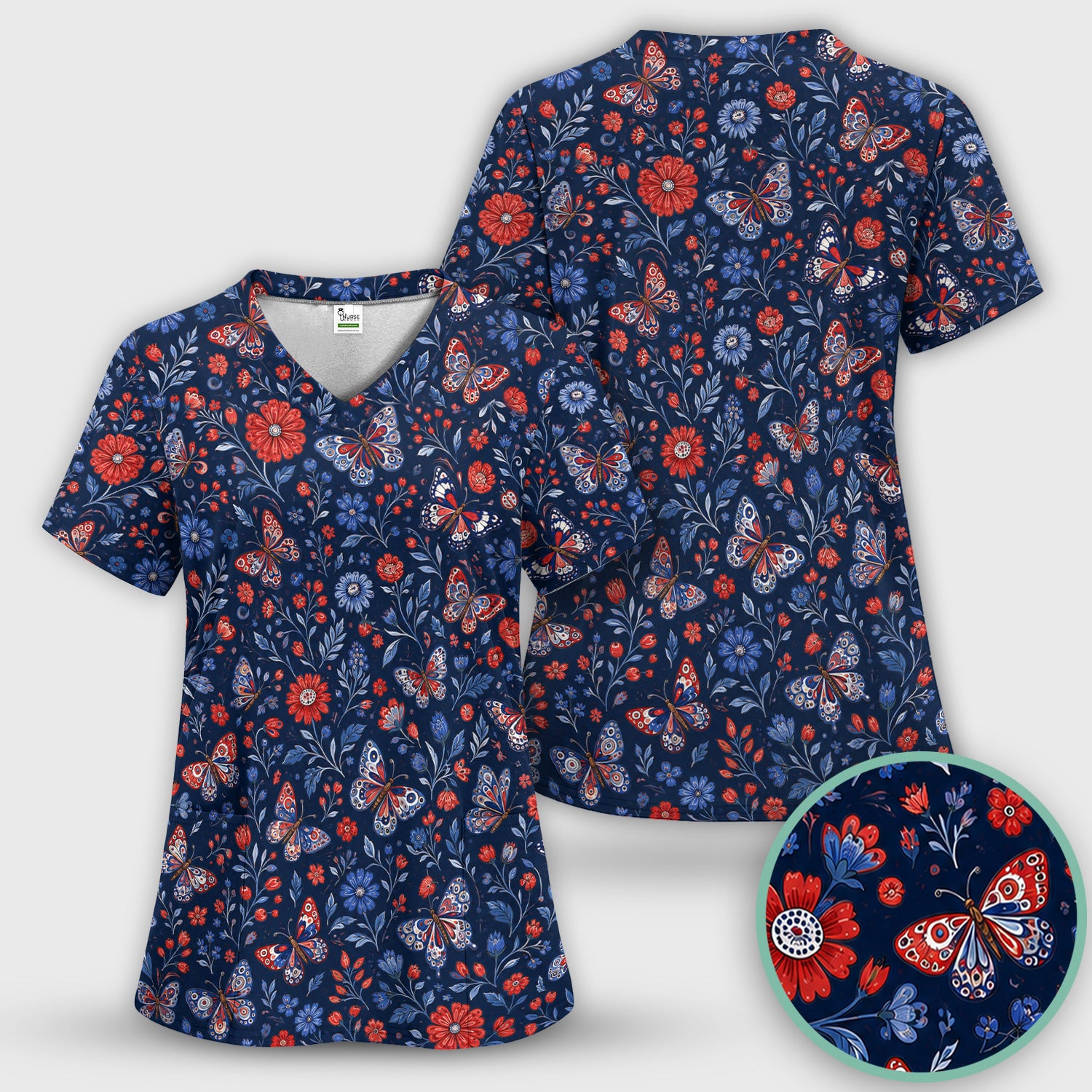Patriotic Floral Butterfly Pattern Scrub Top, Comfortable Scrubs for Nurses