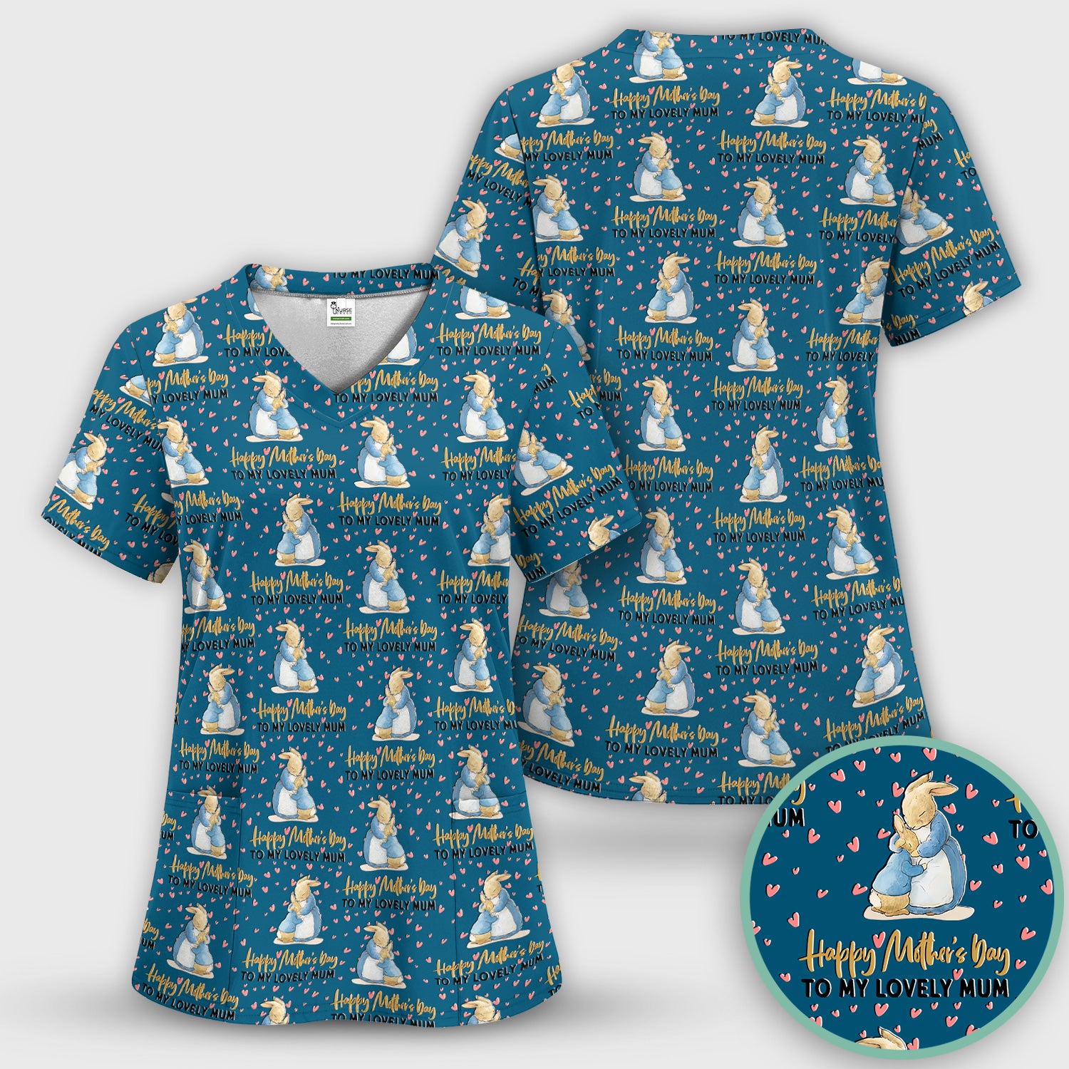 Happy Mothers Day Bunny Love Pattern Scrub Sets, Scrub Pants and V Neck Top