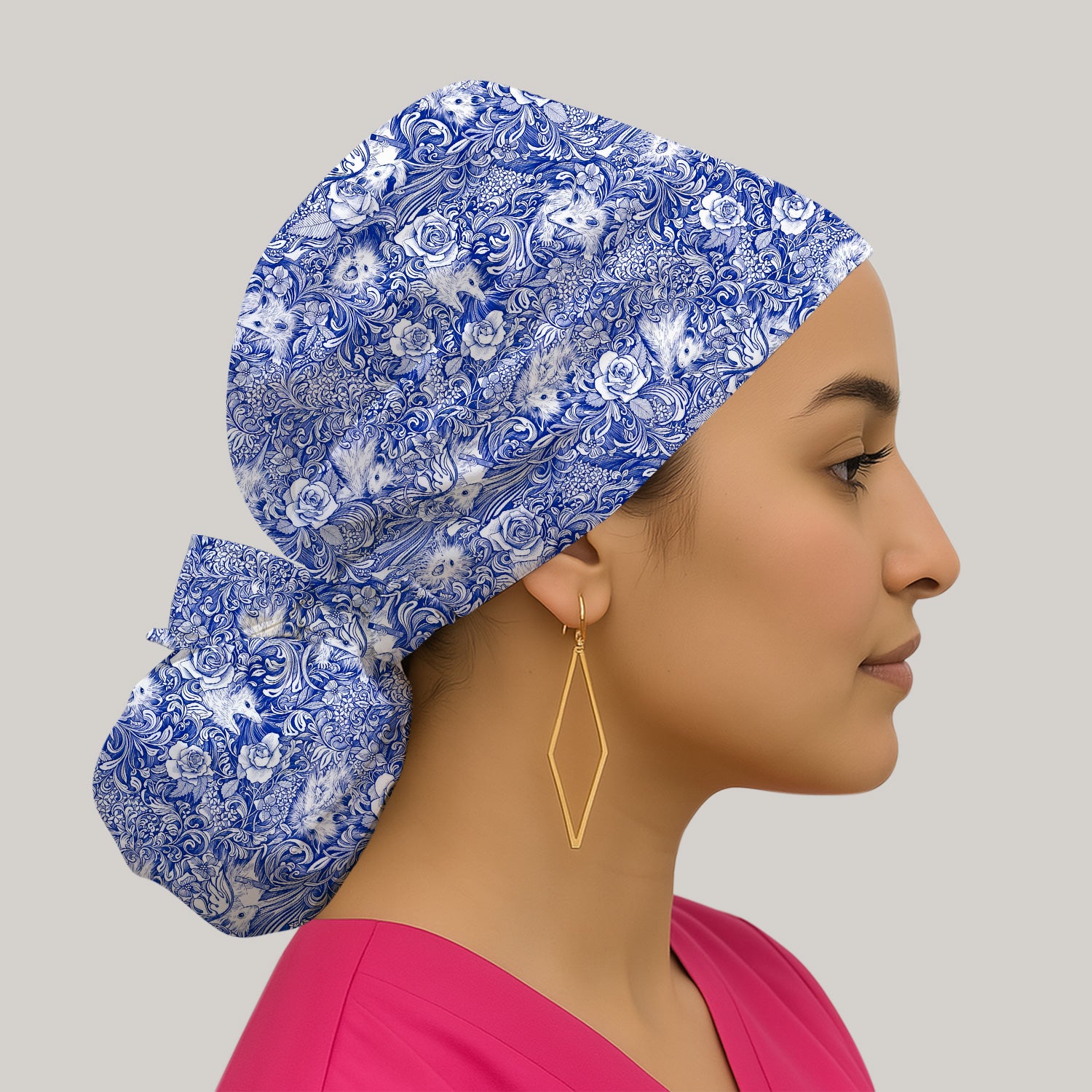 Blue Toile Opossum Floral Pattern Scrub Cap, Surgical Caps for Doctors