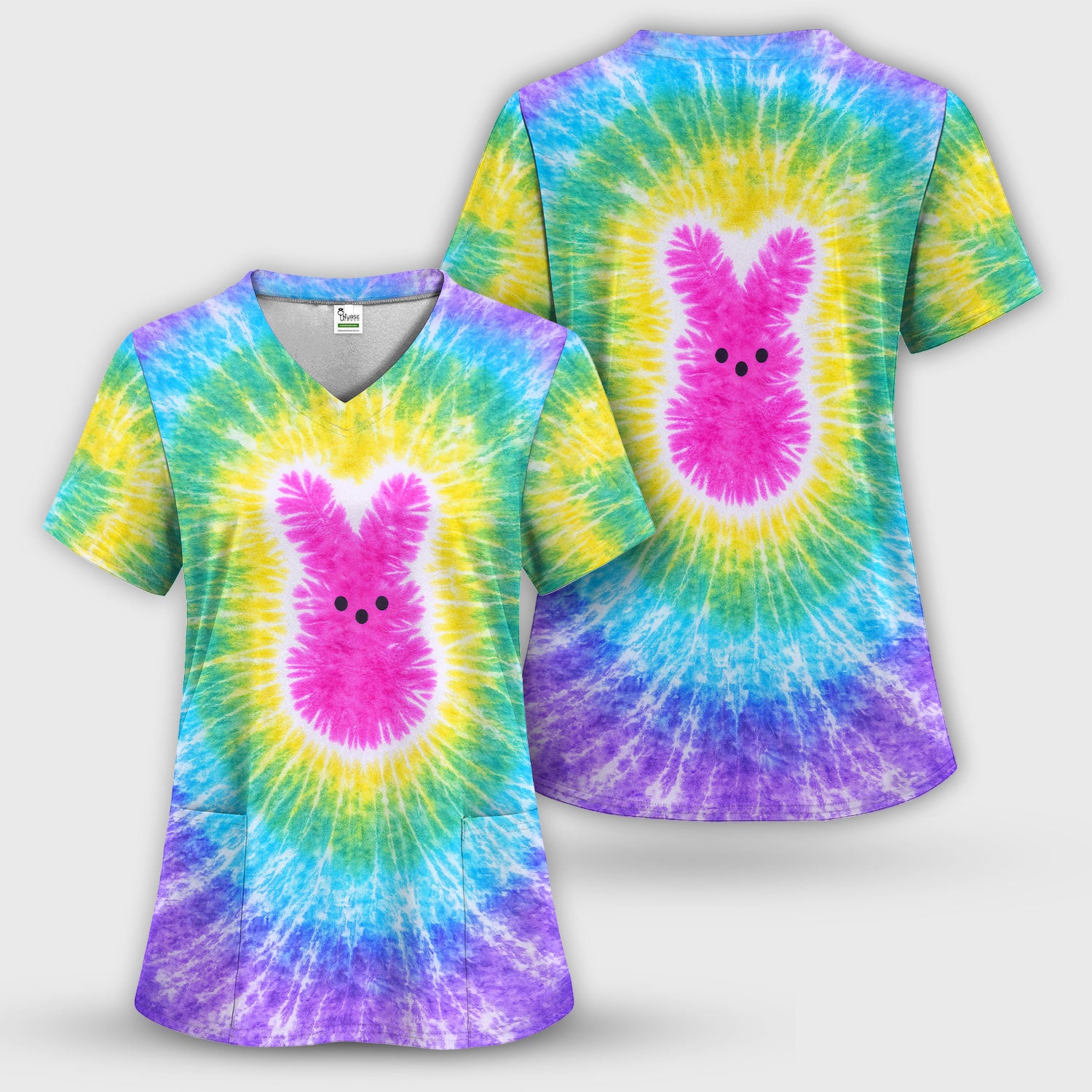 Easter Peep Tie Dye Scrub Top, Easter Bunny Nurse Shirt For Women, Breathable Fabrics Nursing Uniform