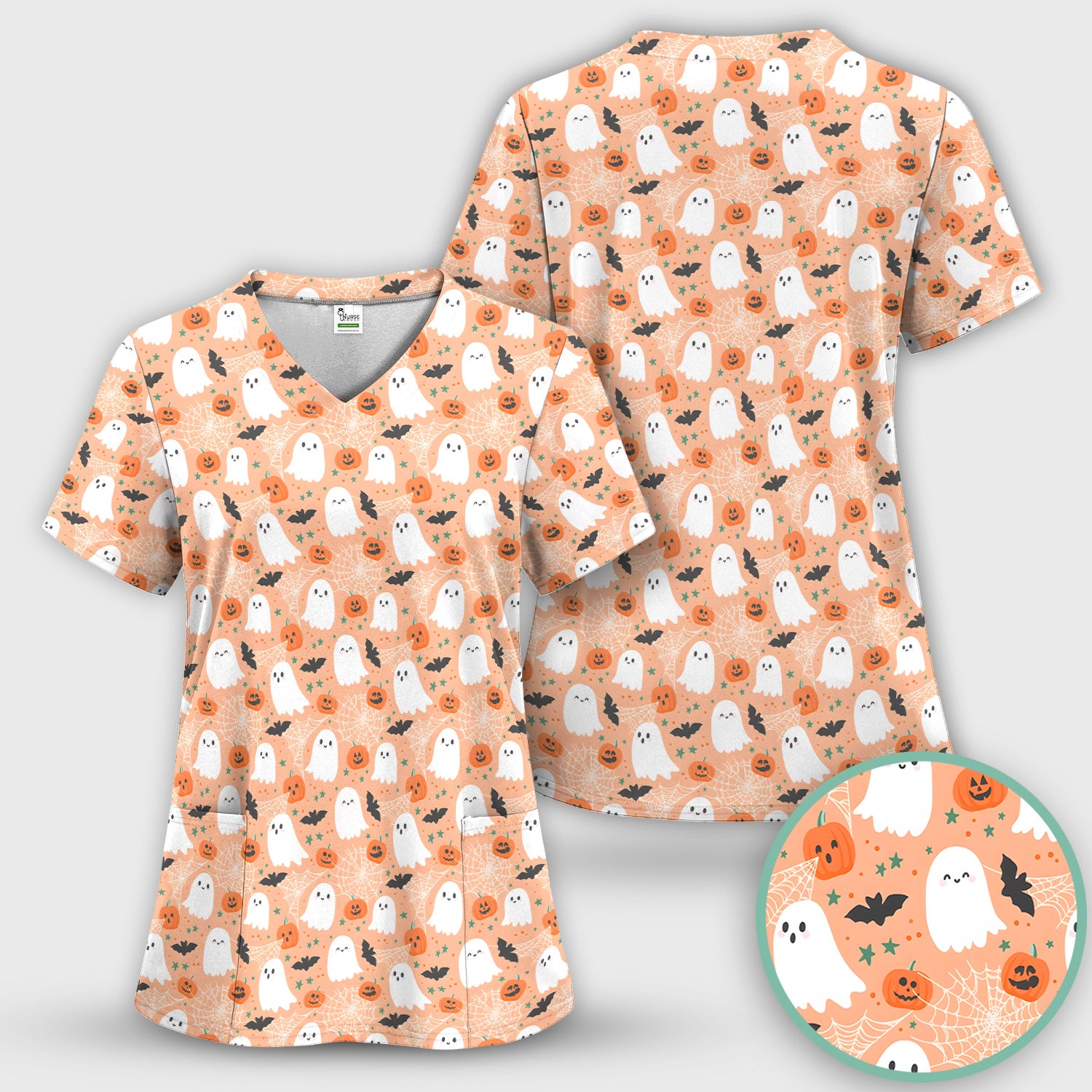 Cute Halloween Ghost And Pumpkin Scrub Top, Comfortable Scrubs for Nurses