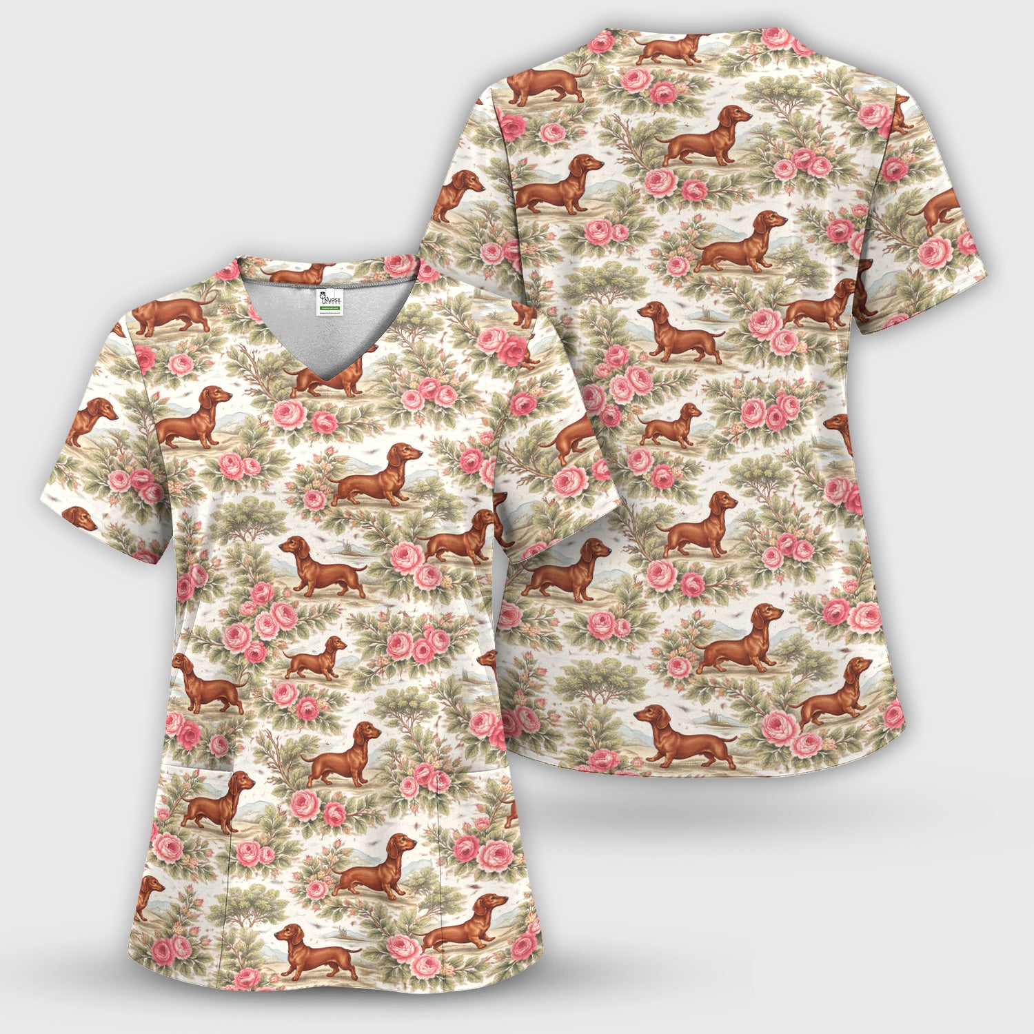 Vintage Dachshund Rose Floral Pattern Scrub Set, Scrub Pants and V Neck Top