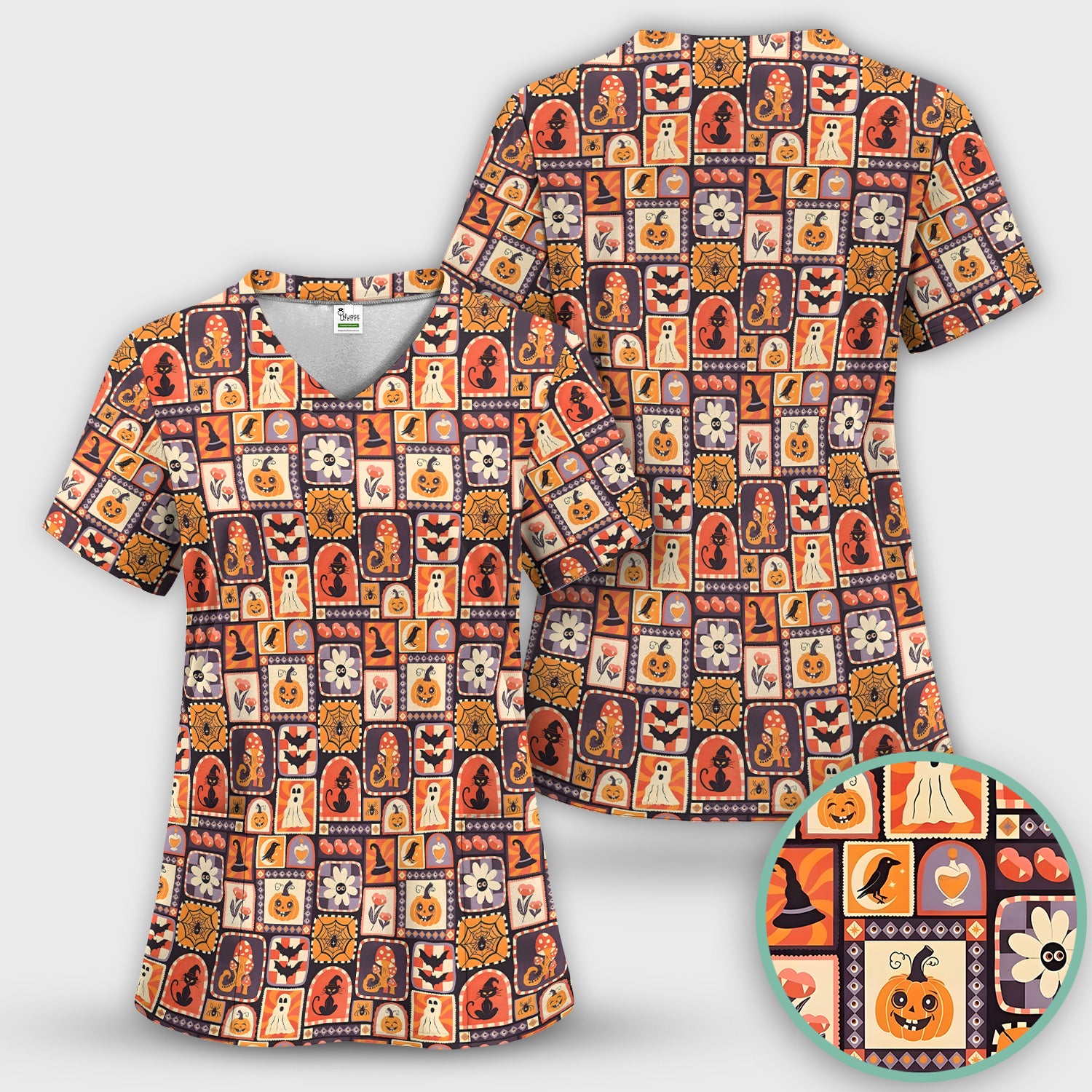 Retro Halloween Patchwork Icons Scrub Top, Comfortable Scrubs for Nurses