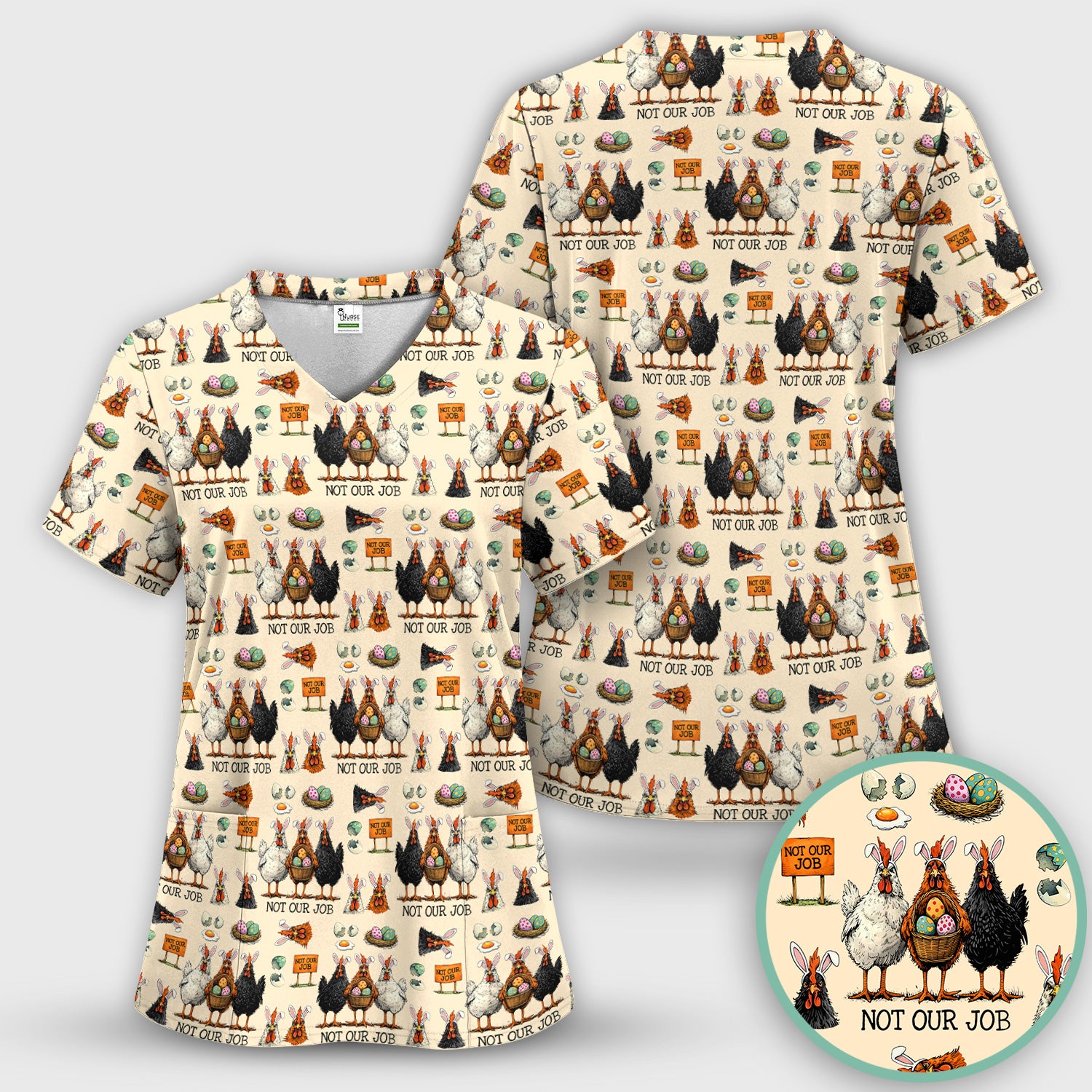 Funny Easter Chicken Humor Pattern Scrub Top, Comfortable Scrubs for Nurses