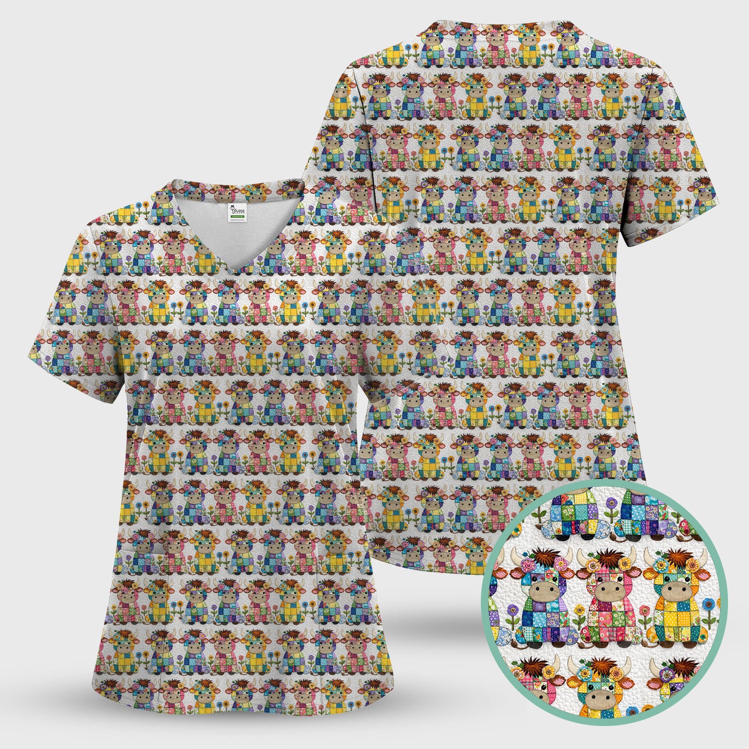 Cute Patchwork Cow With Flowers Pattern Scrubs Sets, Breathable Med Uniform