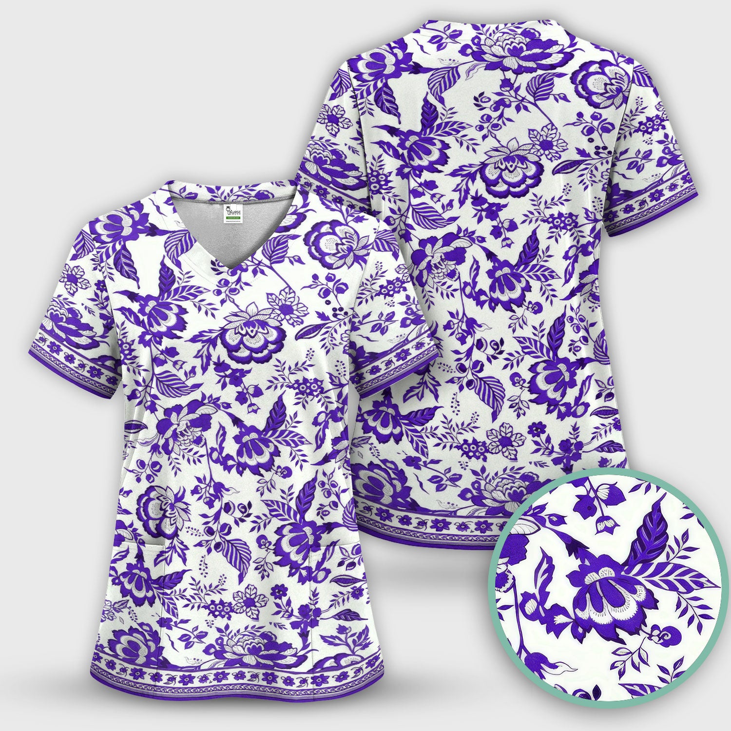 Toile De Jouy Scrub Set For Women, Floral Pattern Nurse Shirt, Comfortable Scrubs For Nursing