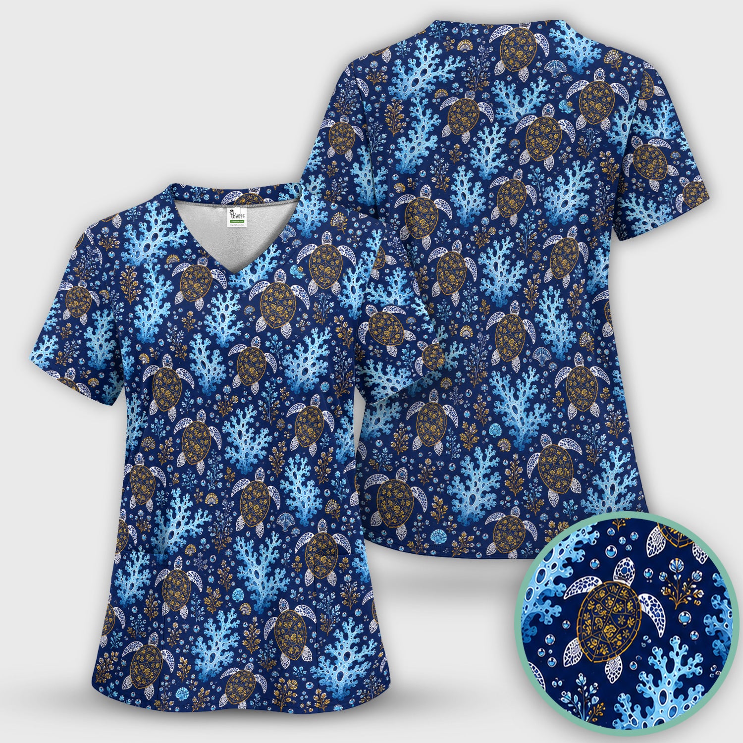 Ocean Turtle Coral Nurse Pattern Scrub Set, Scrub Pants and V Neck Top