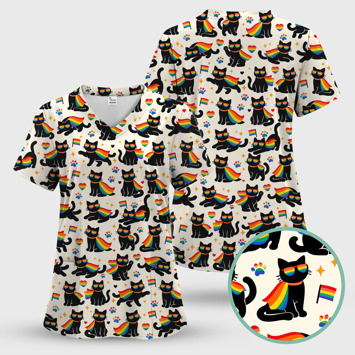 Rainbow Black Cat Pride Pattern Scrub Top, Breathable Fabrics Nursing Uniform