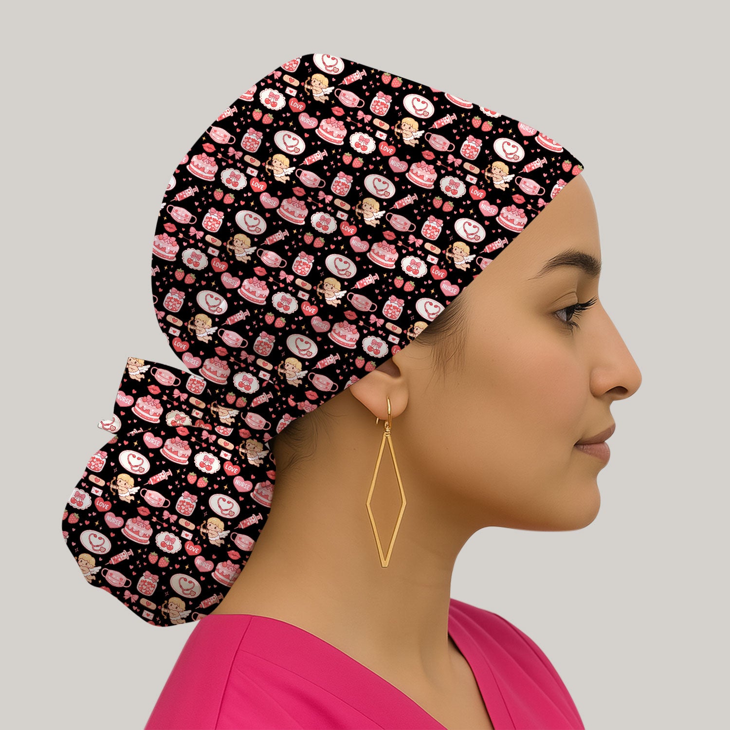 Cupid Nurse Scrub Cap, Cute Love Medical Pattern Hat For Valentine, Breathable Fabrics Nursing Uniform