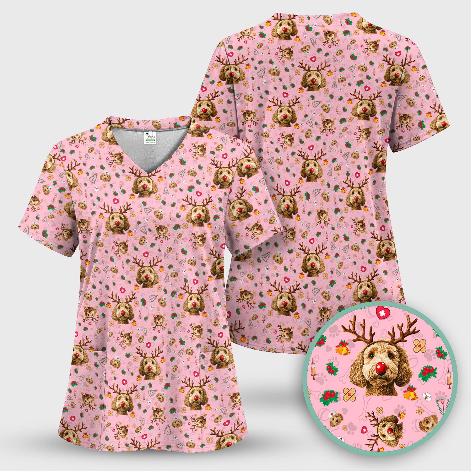 Labradoodle Reindeer Christmas Scrub Top - Funny Dog Nurse Shirt - Cute Holiday Medical Uniform for Women RN LPN CNA Gift