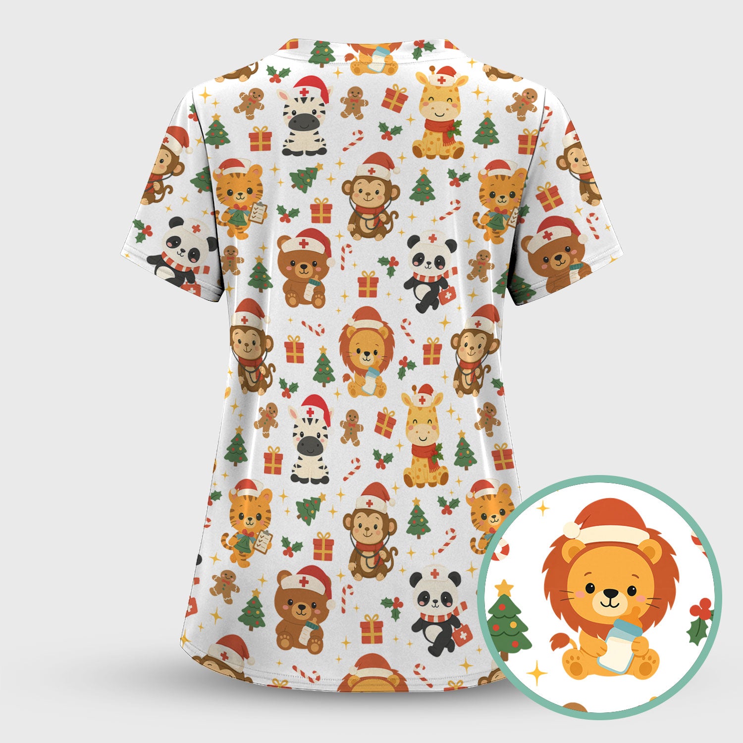 Funny Christmas Nurse Scrub Top - Adorable Safari Animal Pattern - Cute Festive Gift for Women RN LPN CNA