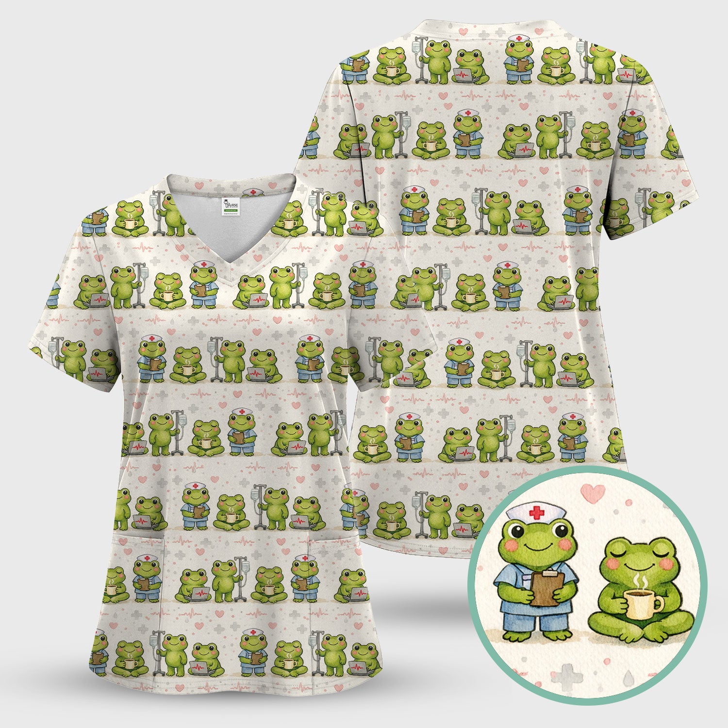 Adorable Frog Nurse Various Poses Print Scrub Top, Comfortable Scrubs for Nurses