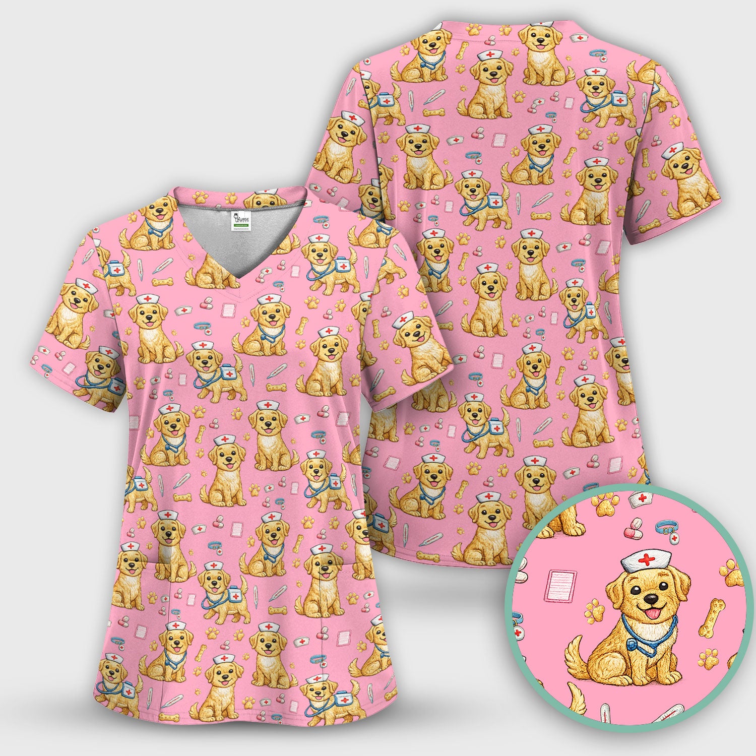 Cute Puppy Nurse Medical Print Scrub Top, Comfortable Scrubs for Nurses