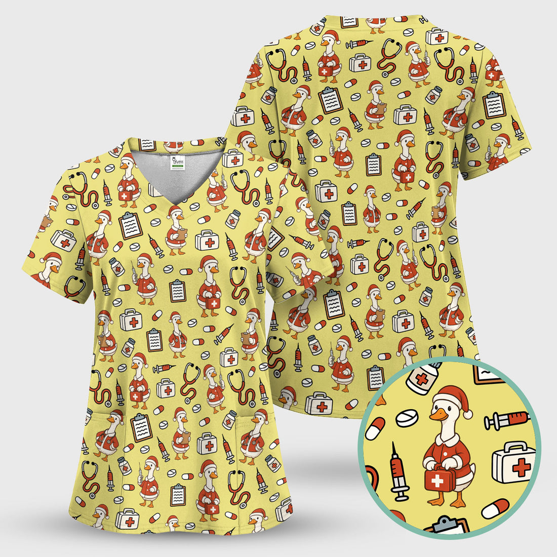 Santa Duck Nurse Scrubs - Christmas Print Medical Shirt for Women Men - Funny Holiday Scrub Top for RN CNA Doctor, Cute Xmas Gift