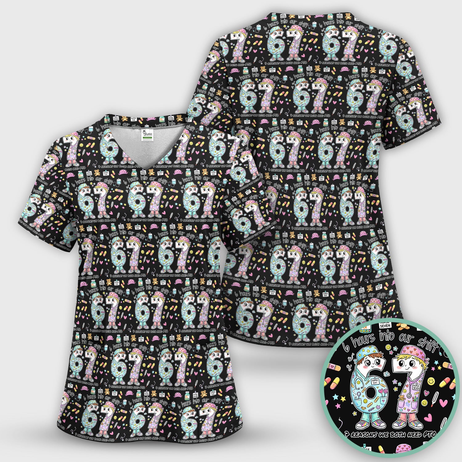 Cartoon Characters Six Hours Into Shift With Medical Doodle Scrub Set, Breathable Med Uniform