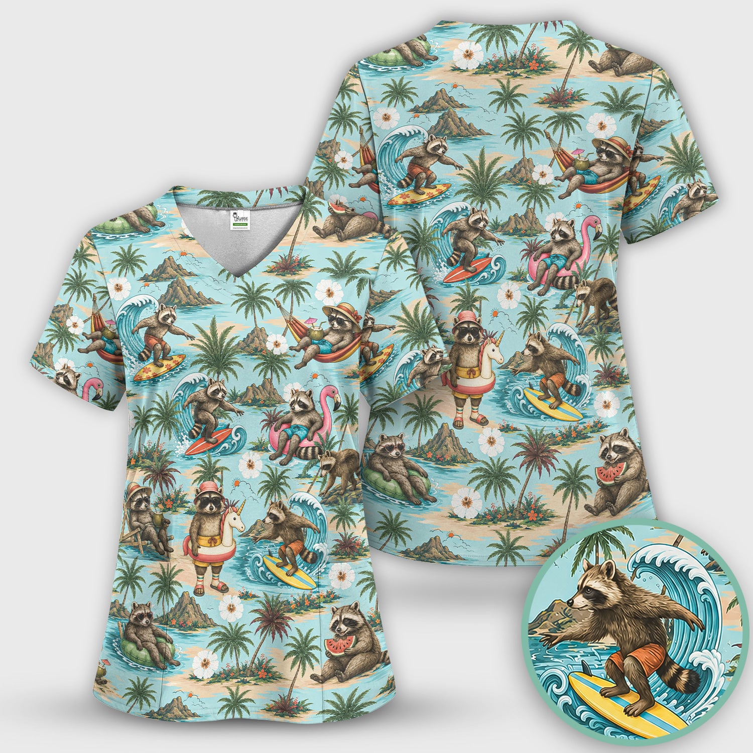 Tropical Raccoon with Surfing Island Beach Print Scrub Top, Comfortable Scrubs for Nurses