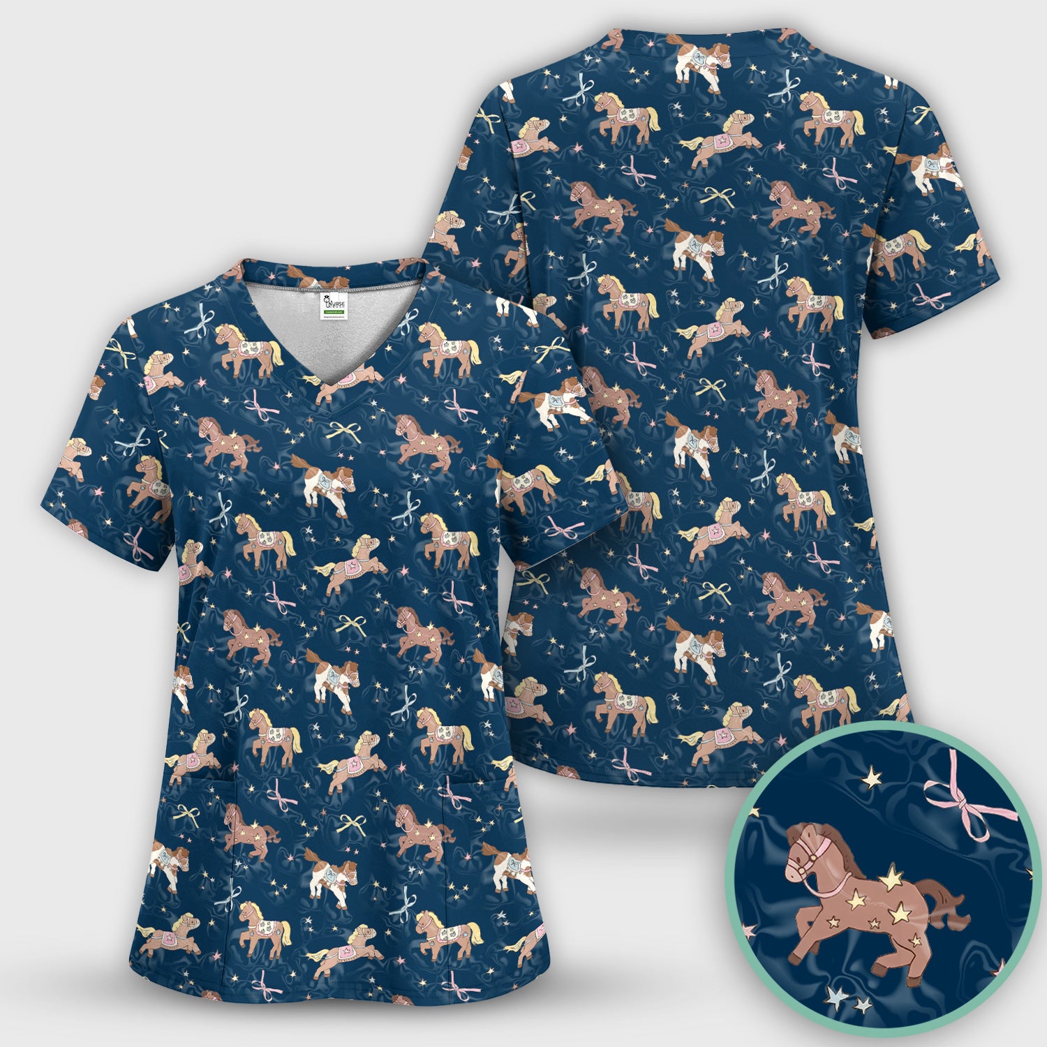 Cute Pony Star Pattern Scrub Top, Comfortable Scrubs for Nurses