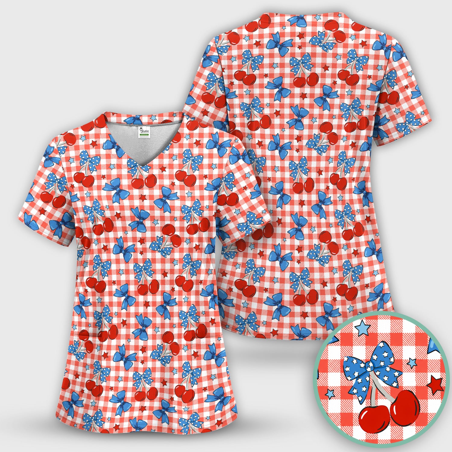 Cute Patriotic Cherry Bow Checkered Pattern Scrub Set, Scrub Pants and V Neck Top