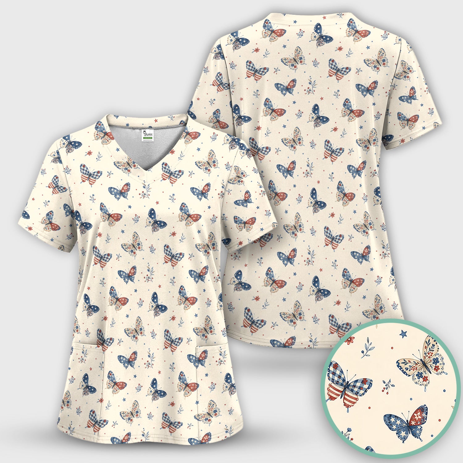 Fourth Of July Butterfly Print Scrub Set, Scrub Pants and V Neck Top