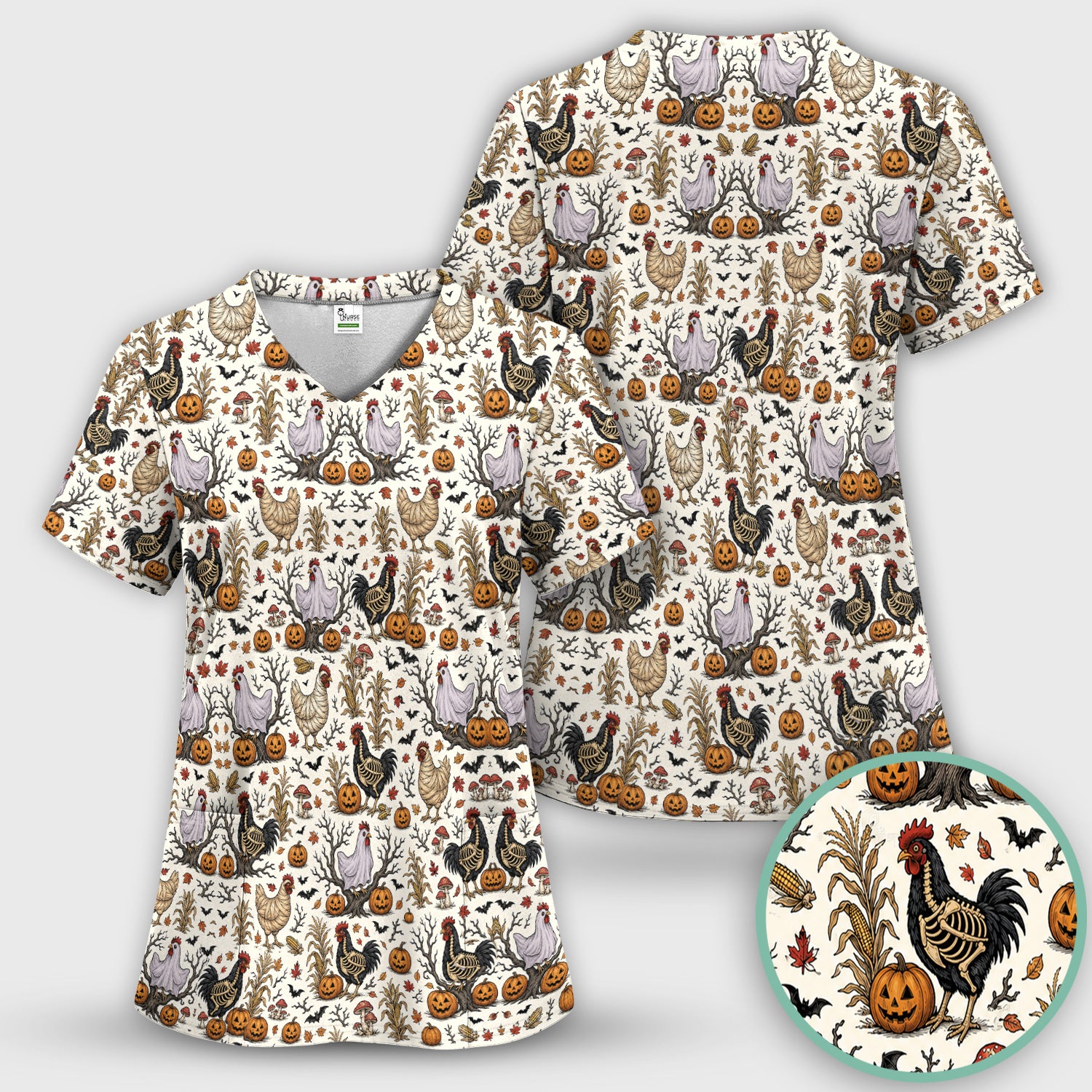 Halloween Skeleton Chickens Pattern Scrub Set, Scrub Pants and V Neck Top
