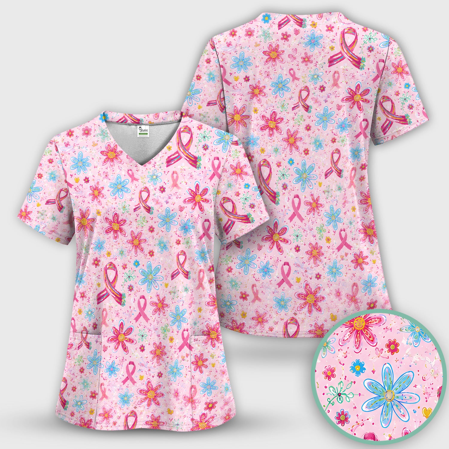 Floral Breast Cancer Awareness Print Scrub Set, Scrub Pants and V Neck Top