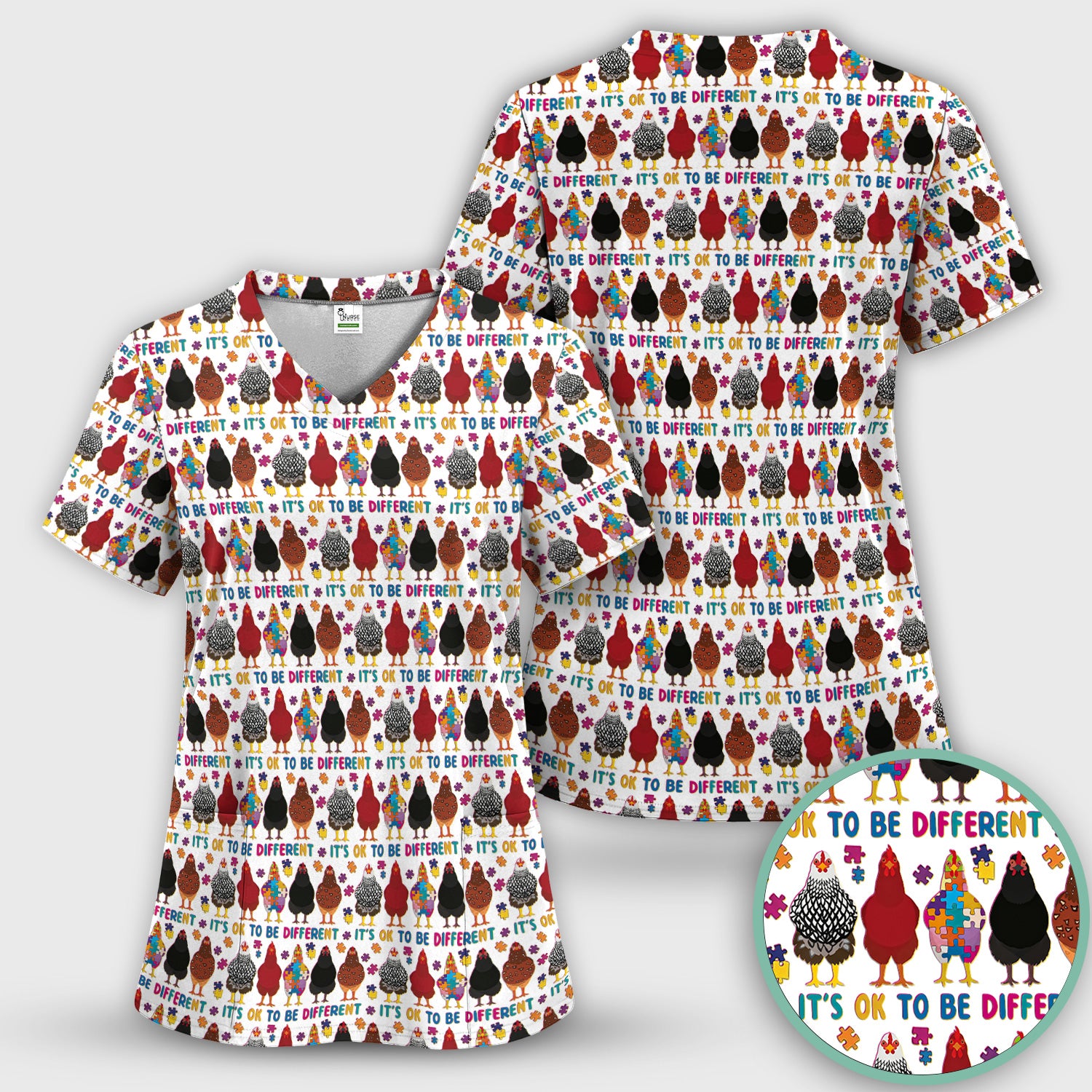 Autism Chicken It’s OK to Be Different Print Scrub Top, Comfortable Scrubs for Nurses