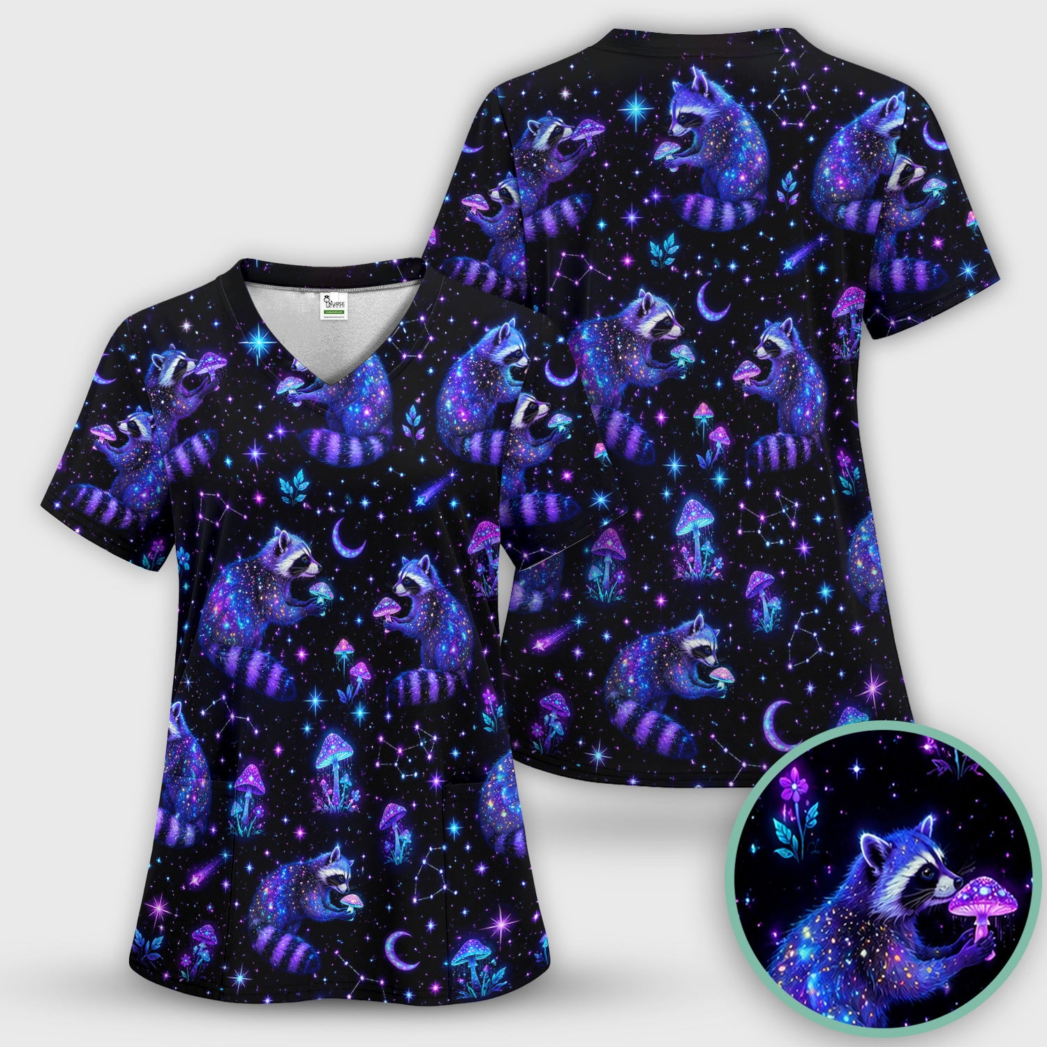Galaxy Raccoon With Mushroom Night Scrub Set, Scrub Pants and V Neck Top
