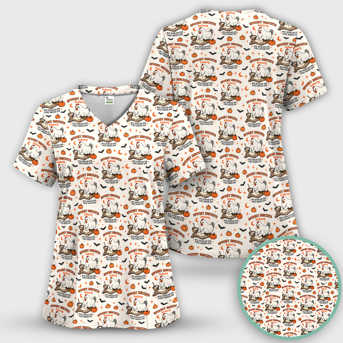 Halloween Spooky Biscuits Chicken Pattern Scrub Top, Comfortable Scrubs for Nurses