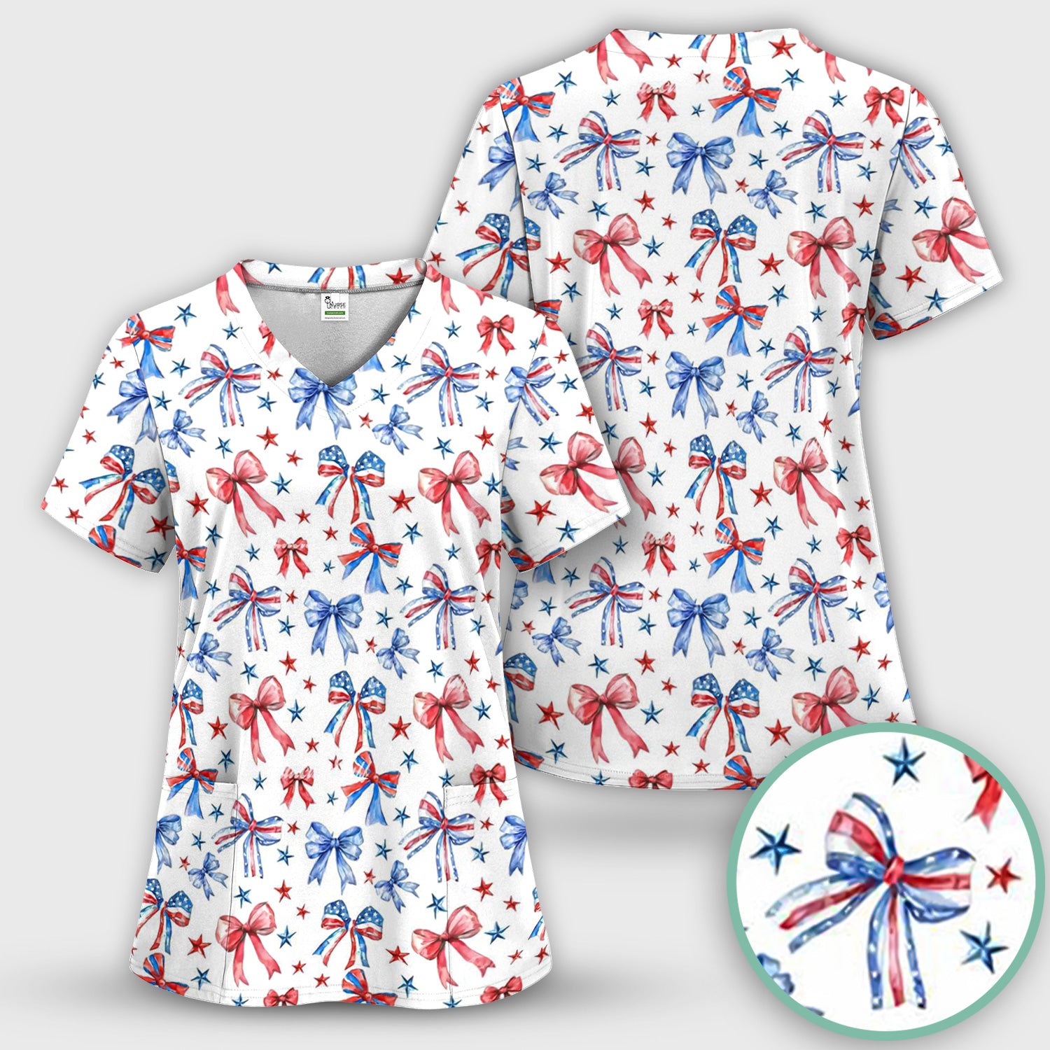 Festive Patriotic Ribbon Bow Star Pattern Scrub Set, Scrub Pants and V Neck Top