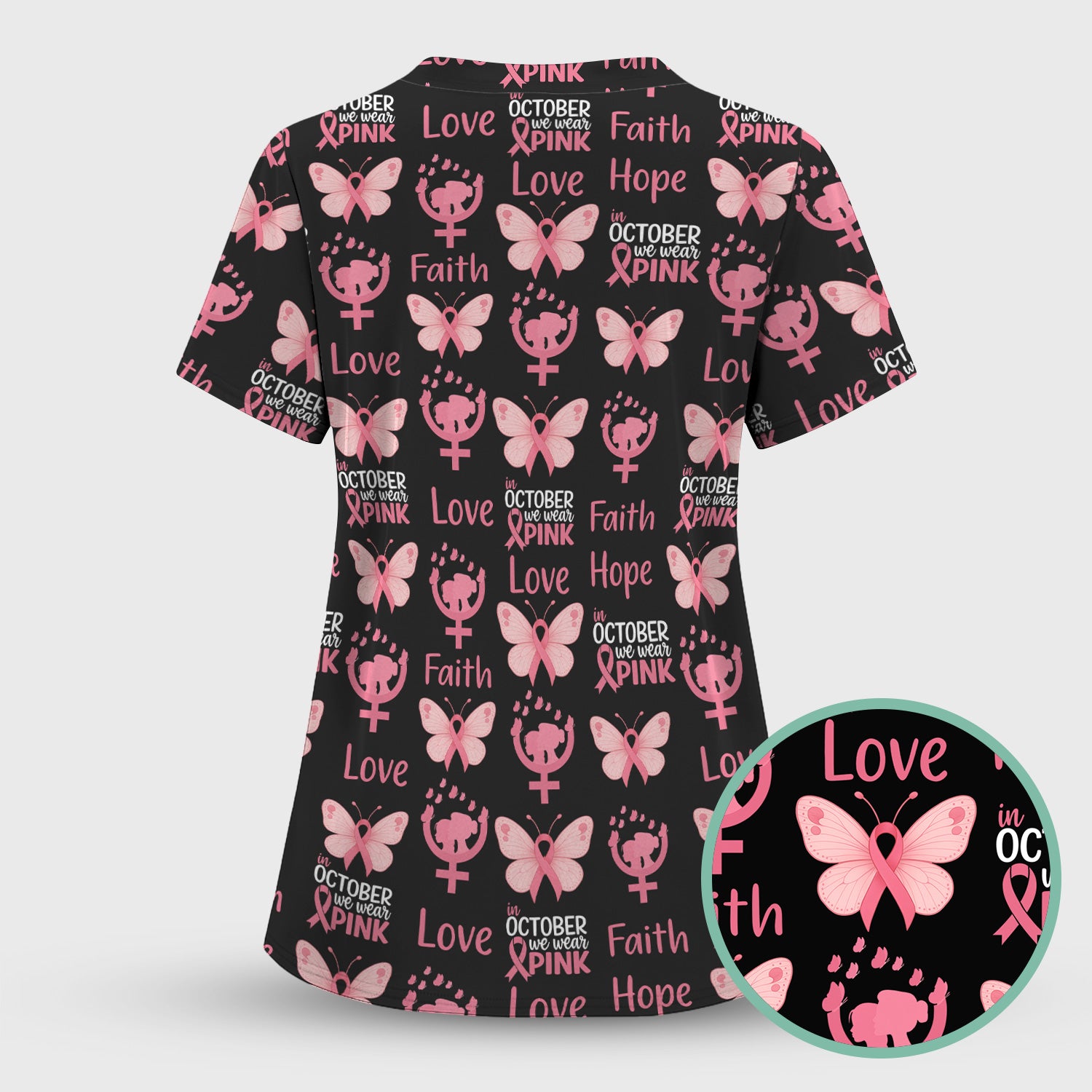 Breast Cancer Awareness Nurse Scrub Top - Faith Hope Love & Pink Ribbon Butterfly Design - October Gift for RN LPN CNA