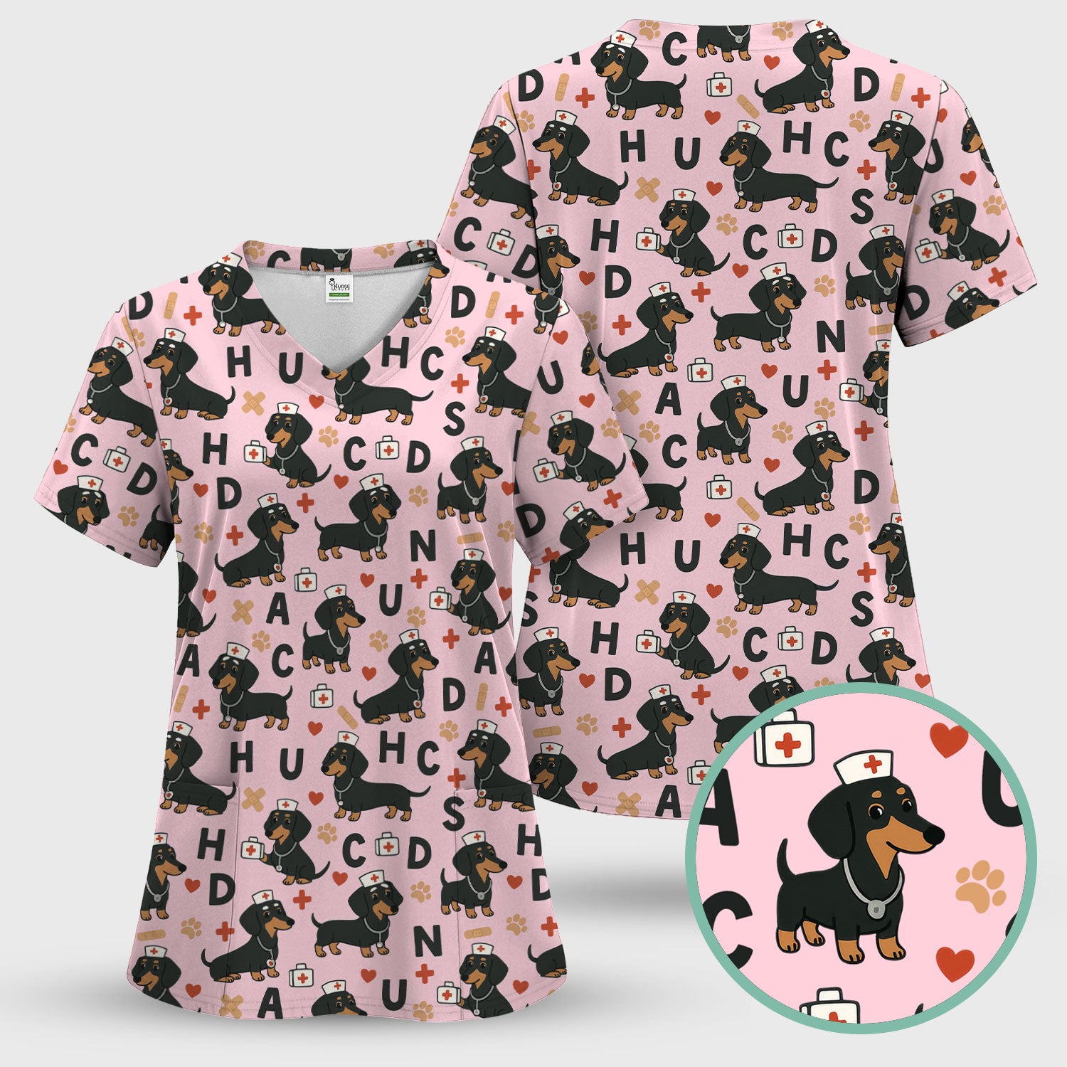 Dachshund Nurse Scrub Set for Women - Cute Sausage Dog Pattern Scrubs Top and Pants - Funny Animal Print Gift for RN LPN CNA