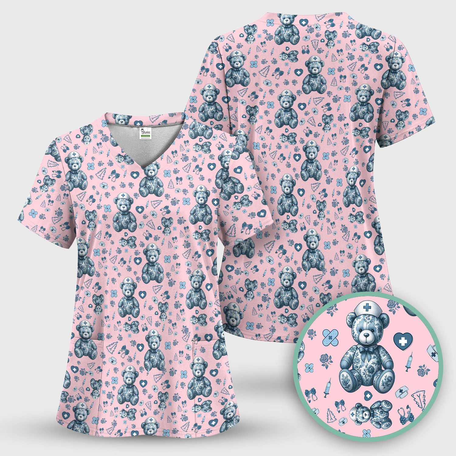 Toile Teddy Bear Nurse Scrub Top - Elegant Blue Toile de Jouy Pattern Medical Shirt for Women - Cute Vintage Nursing Uniform Gift