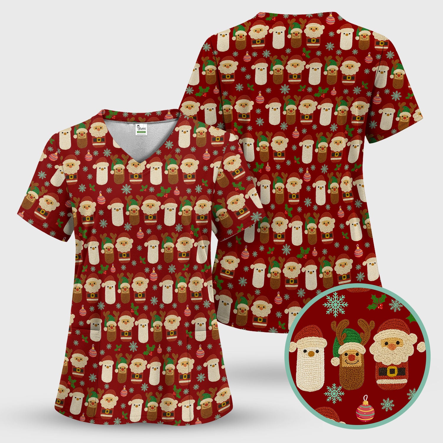 Christmas Santa Reindeer Snowman Scrub Top - Holiday Chill Pill Nurse Shirt - Funny Medical Uniform for Women
