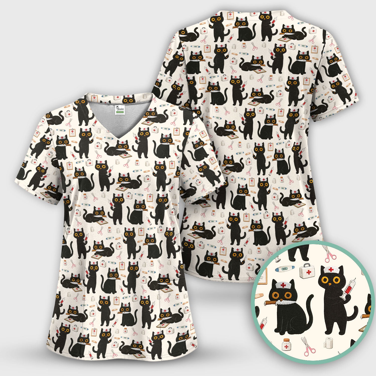 Cute Black Cat Nurse Pattern Women's Scrub Set, Breathable Med Uniform