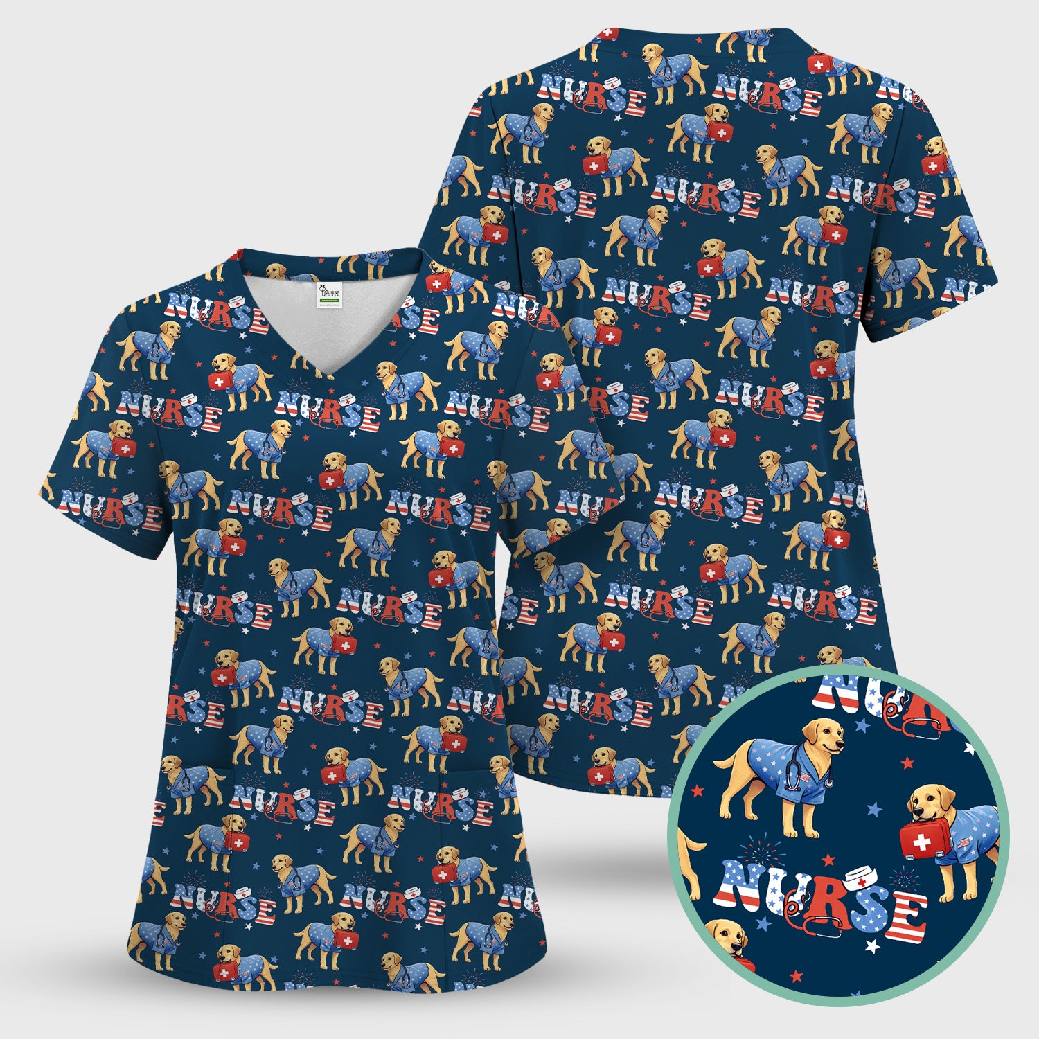 Patriotic Nurse Dog Medical Pattern Pattern Scrub Set, Women's Scrub Sets