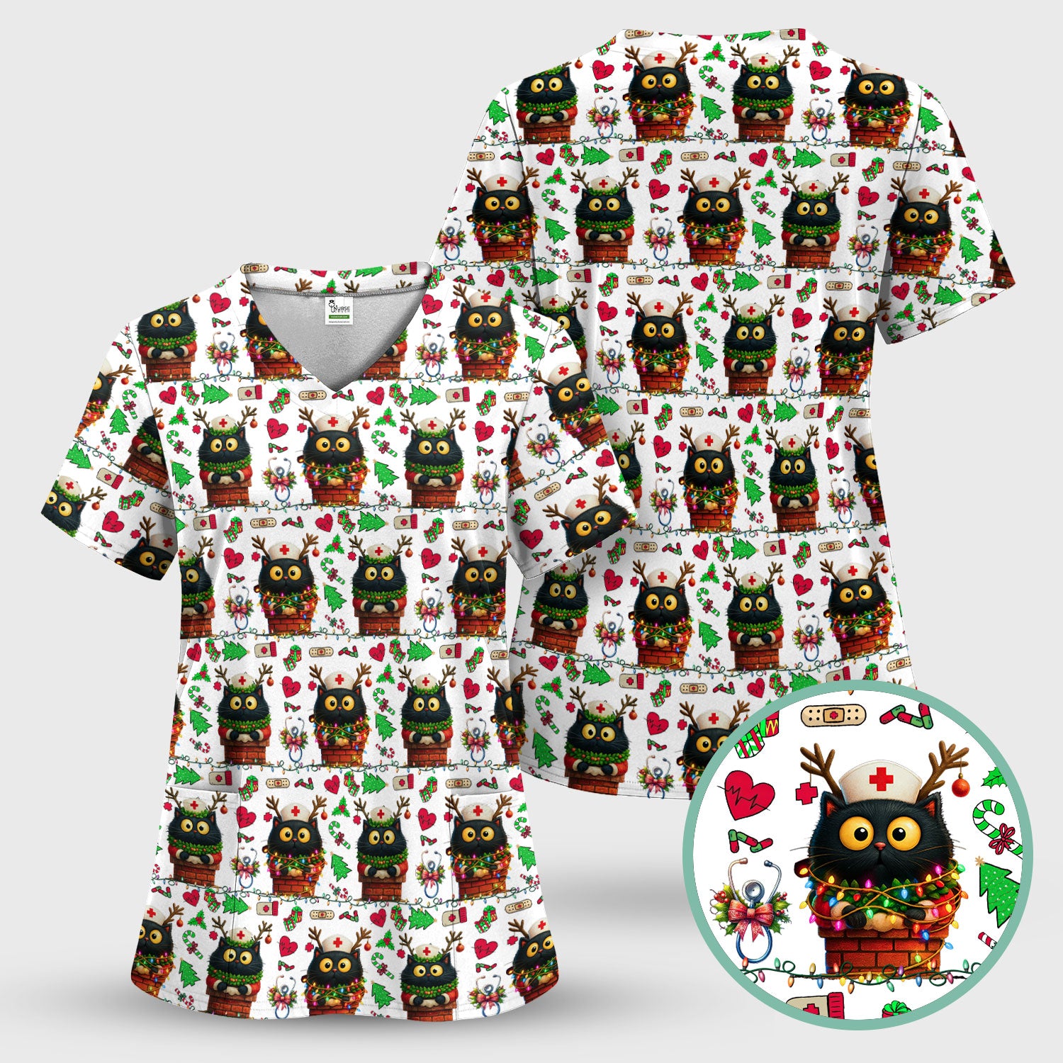 Christmas Black Cat Scrub Top for Nurse - Cute Reindeer Cat with Xmas Lights - Festive Holiday Medical Uniform for Women