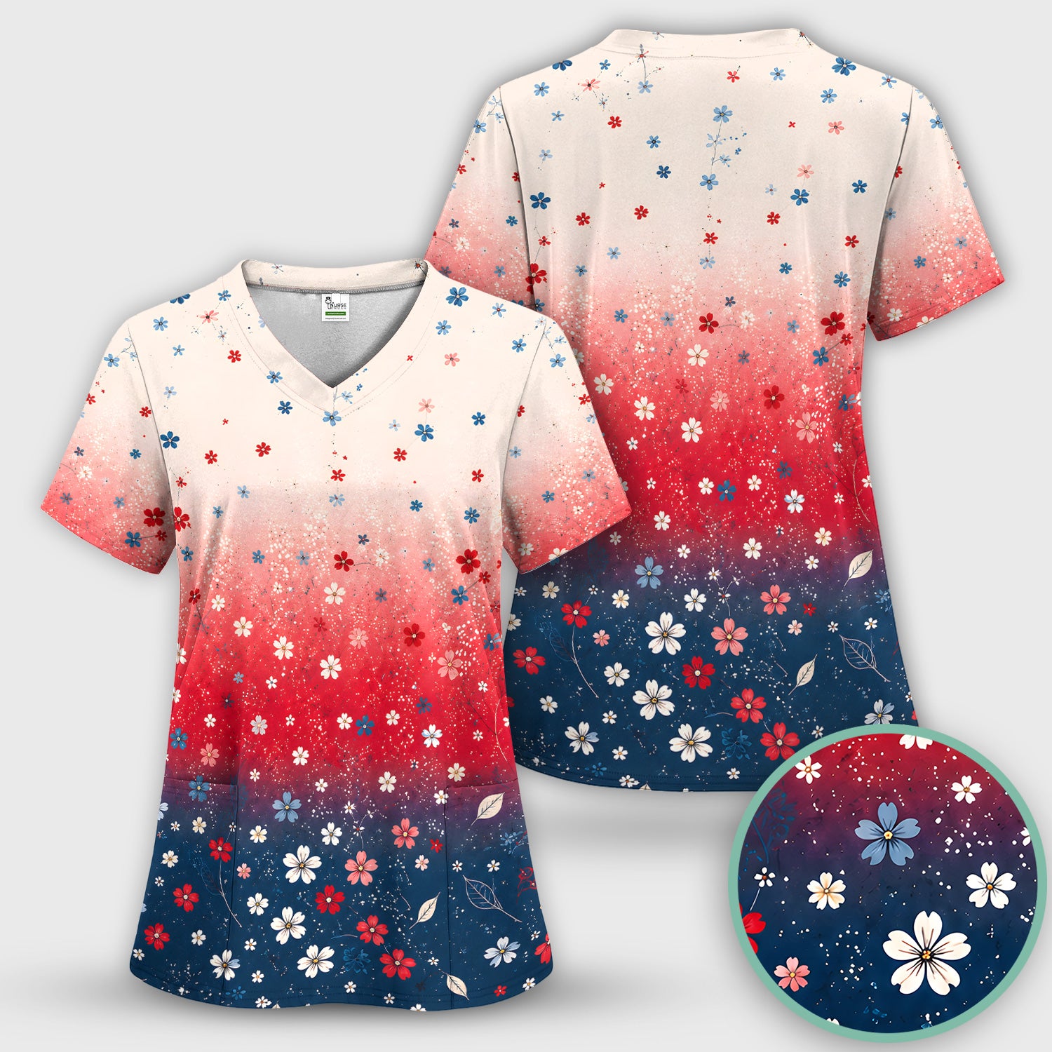 Patriotic Red White Blue Floral Ombre Print Scrub Set, Scrub Pants and V Neck Top