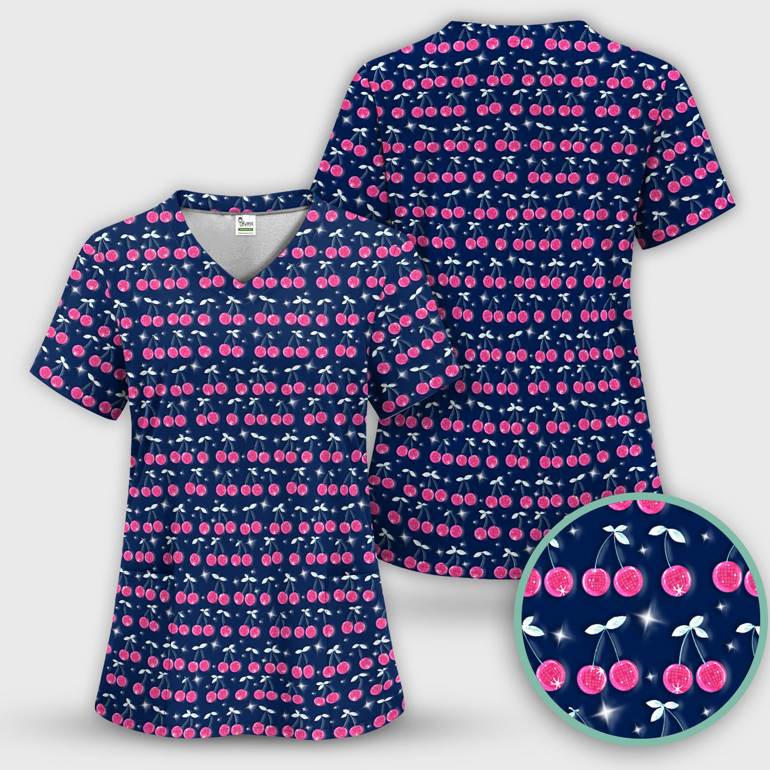 Pink Cherry Sparkle Print Scrub Top, Comfortable Scrubs for Nurses