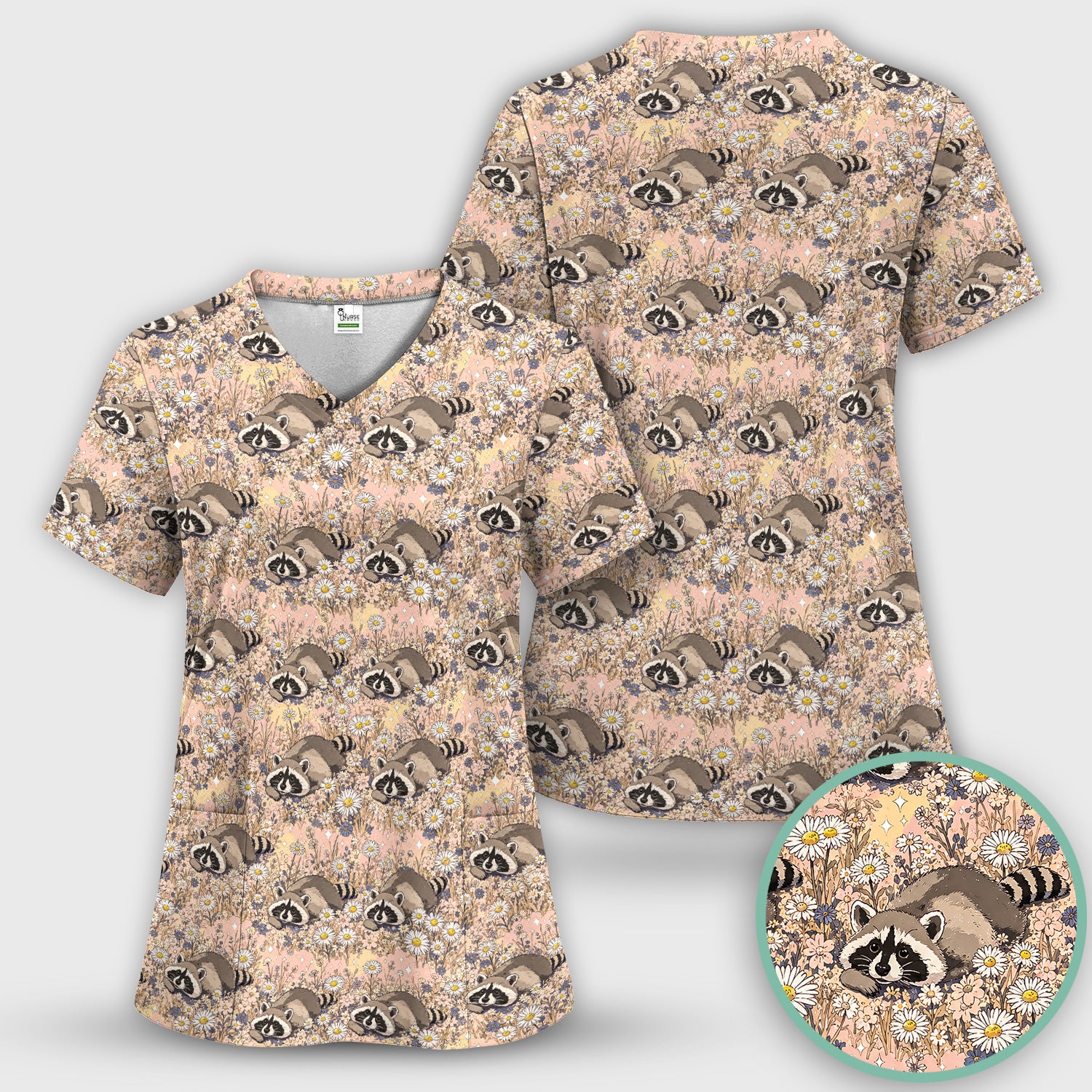 Cute Raccoon Wildflower Meadow Pattern Scrub Top, Comfortable Scrubs for Nurses