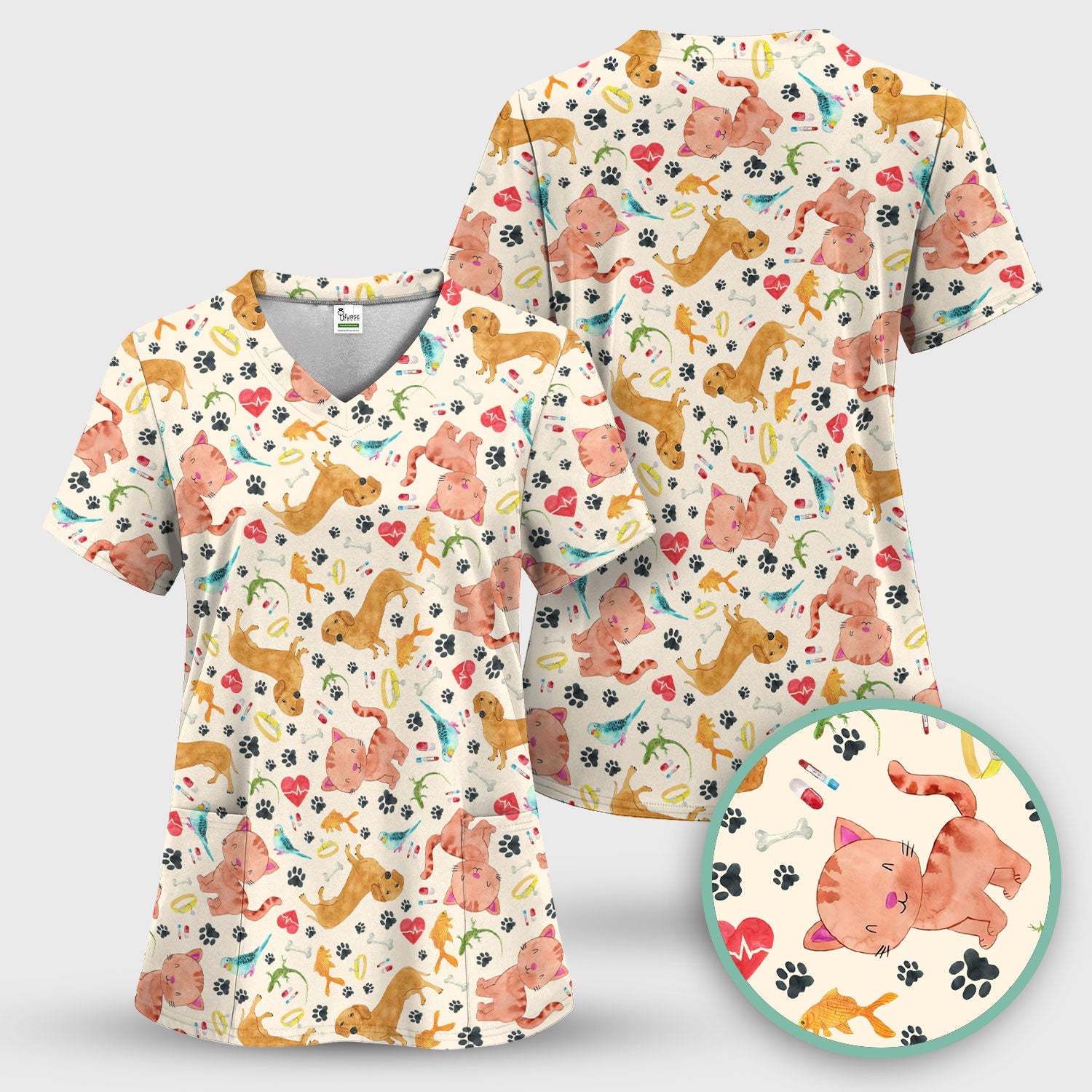 Cat Dog Veterinary Scrub Top - Cute Animal Paw Print Medical Shirt - Adorable Nurse Scrubs for Women RN CNA Vet Tech
