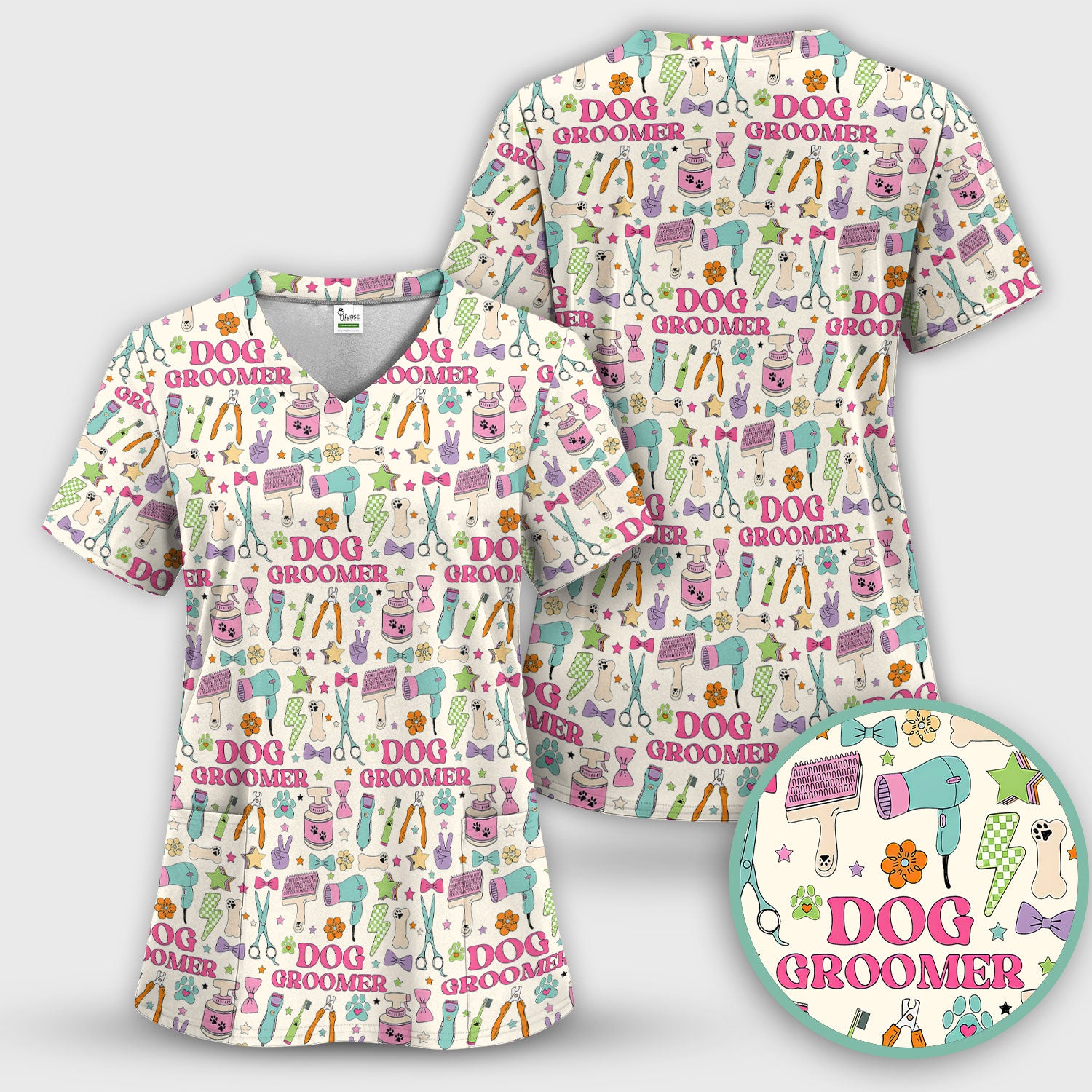 Dog Groomer Tools Pattern Nursing Scrub Top, Comfortable Scrubs for Nurses