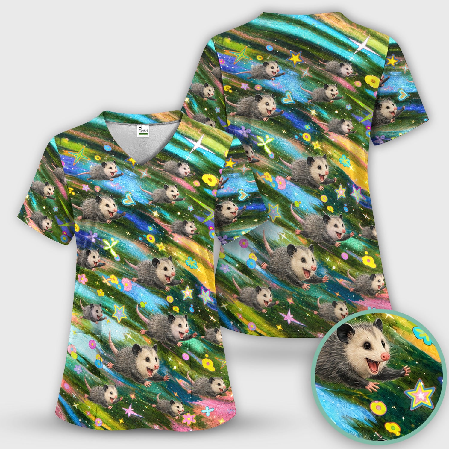 Colorful Opossum Rainbow Stars Print Scrub Top, Comfortable Scrubs for Nurses