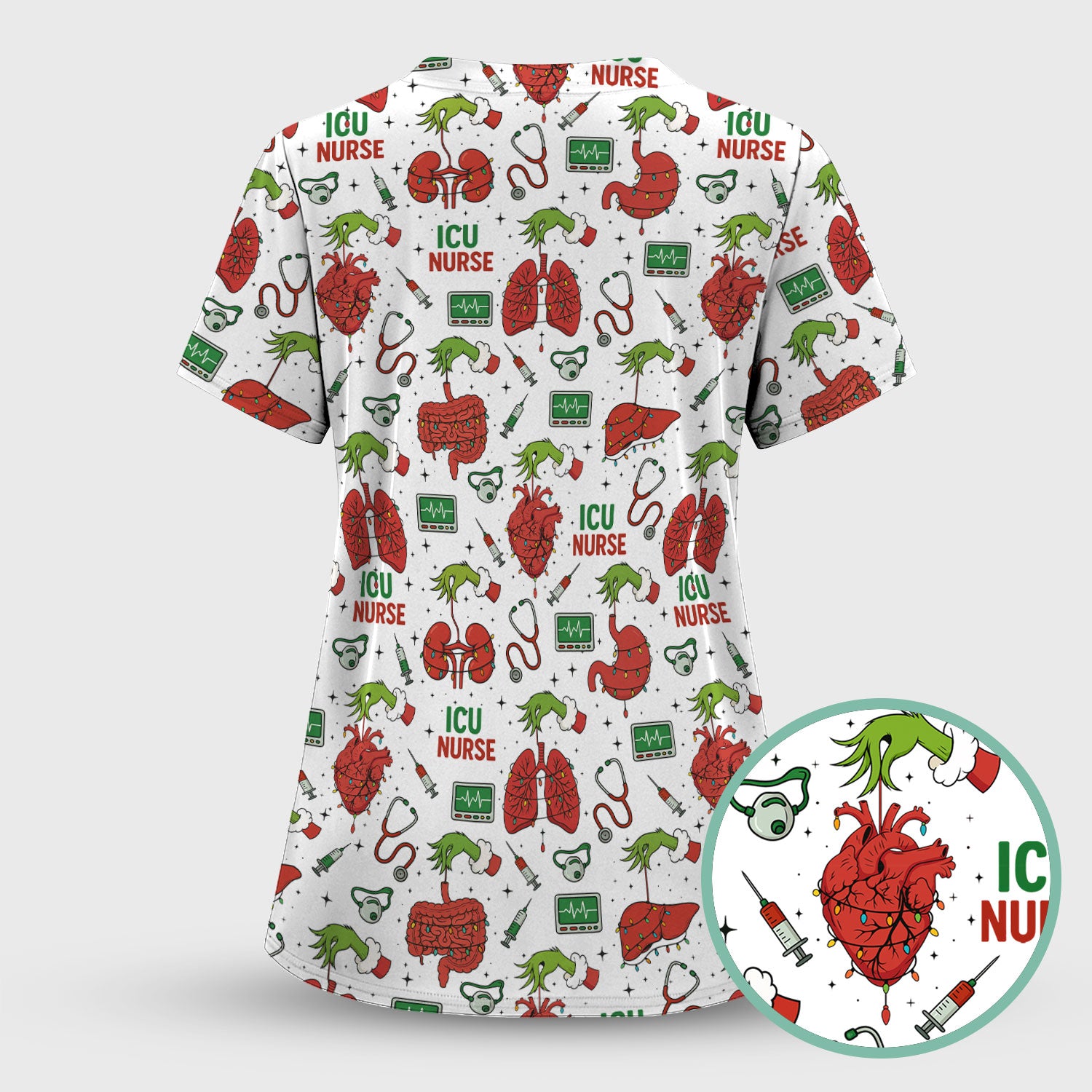 Christmas ICU Nurse Scrub Top - Funny Heart Anatomy Pattern - Holiday Nursing Shirt Gift for RN LPN CNA