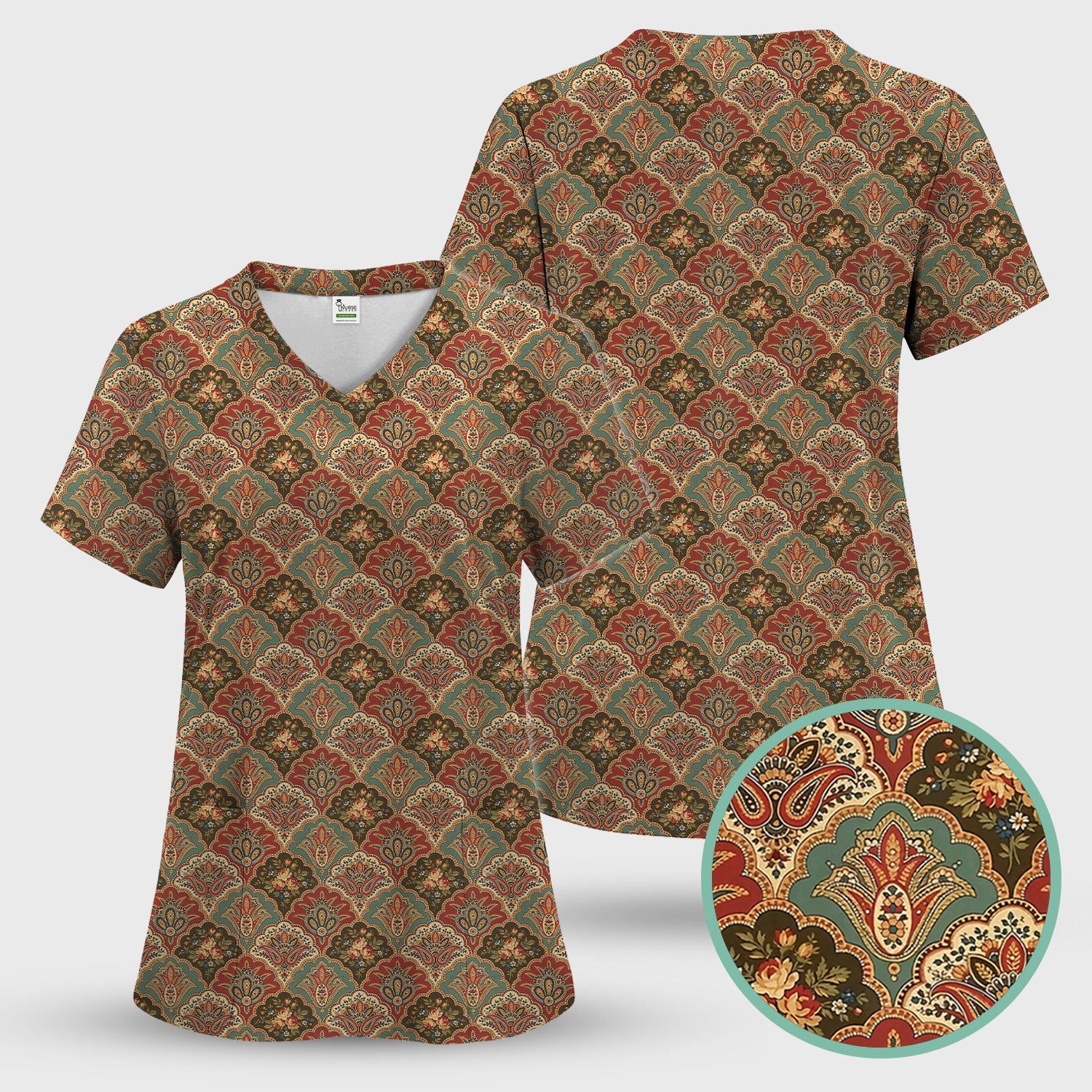 Vintage Floral Paisley Ornament Pattern Scrub Set, Scrub Pants and V Neck Top